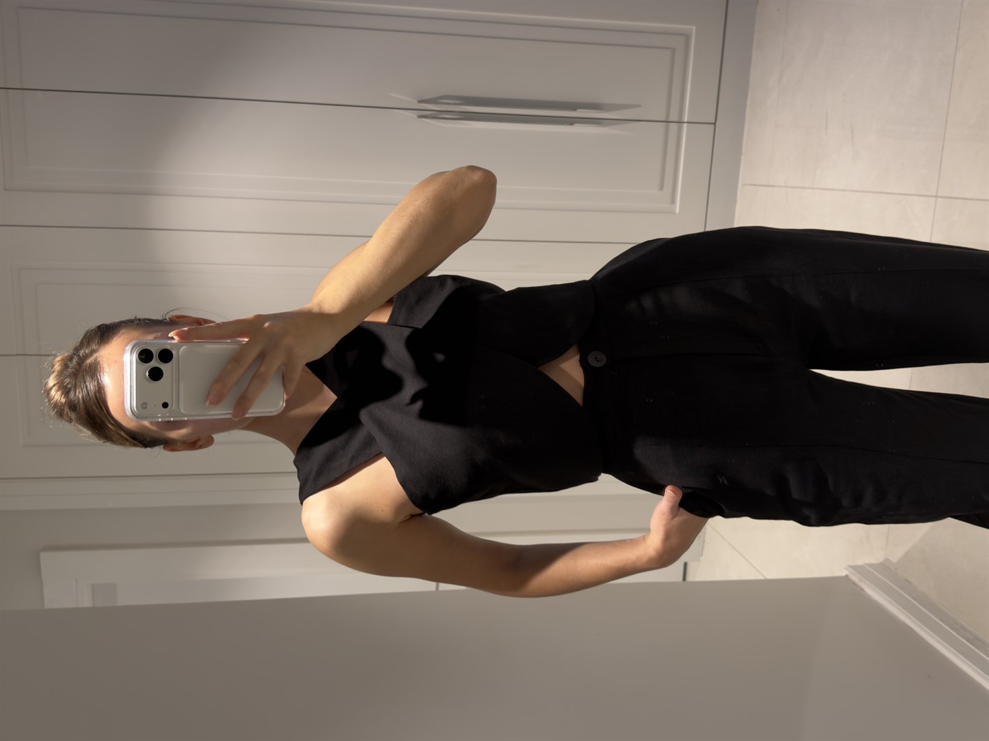 Edna Siyah Bambu Keten Asimetrik Bluz Pantolon Takım