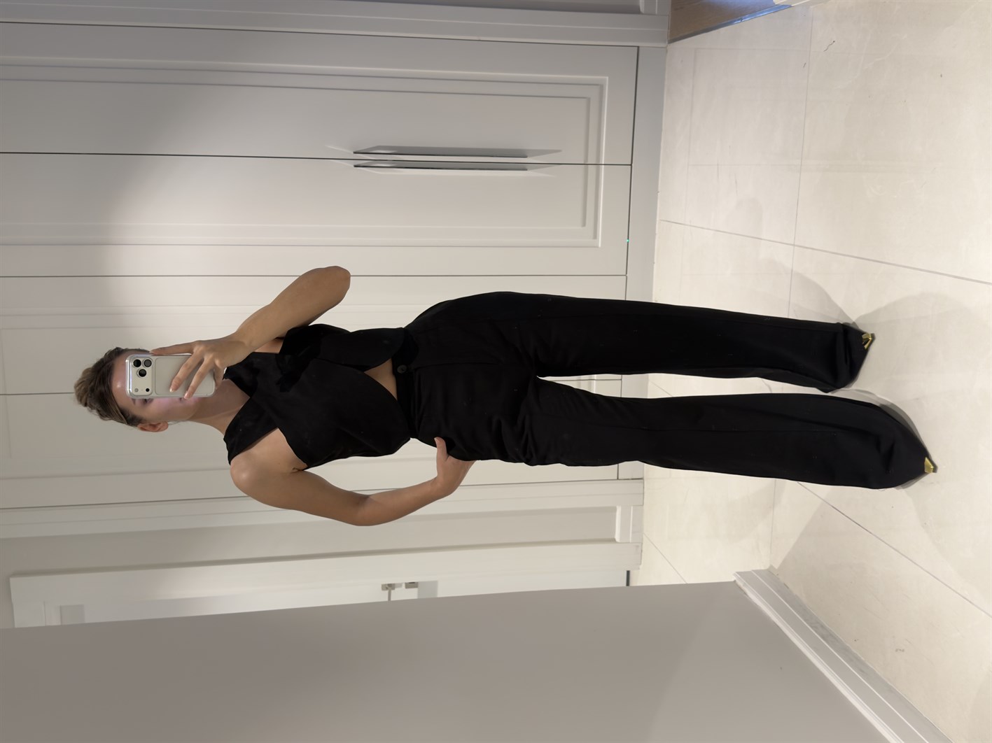 Edna Siyah Bambu Keten Asimetrik Bluz Pantolon Takım