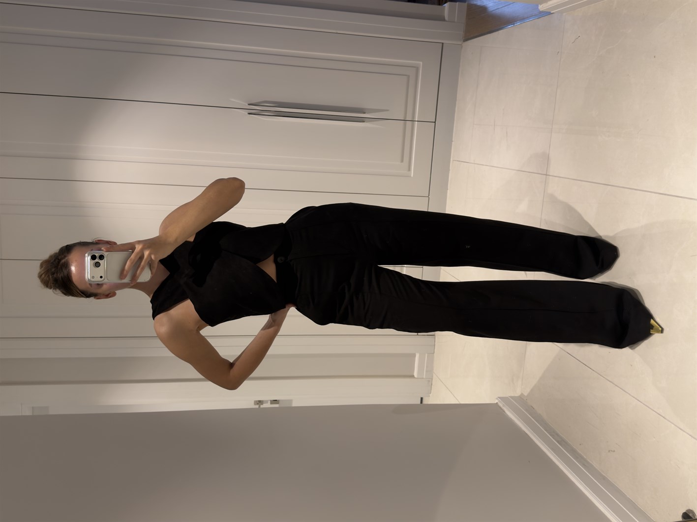 Edna Siyah Bambu Keten Asimetrik Bluz Pantolon Takım