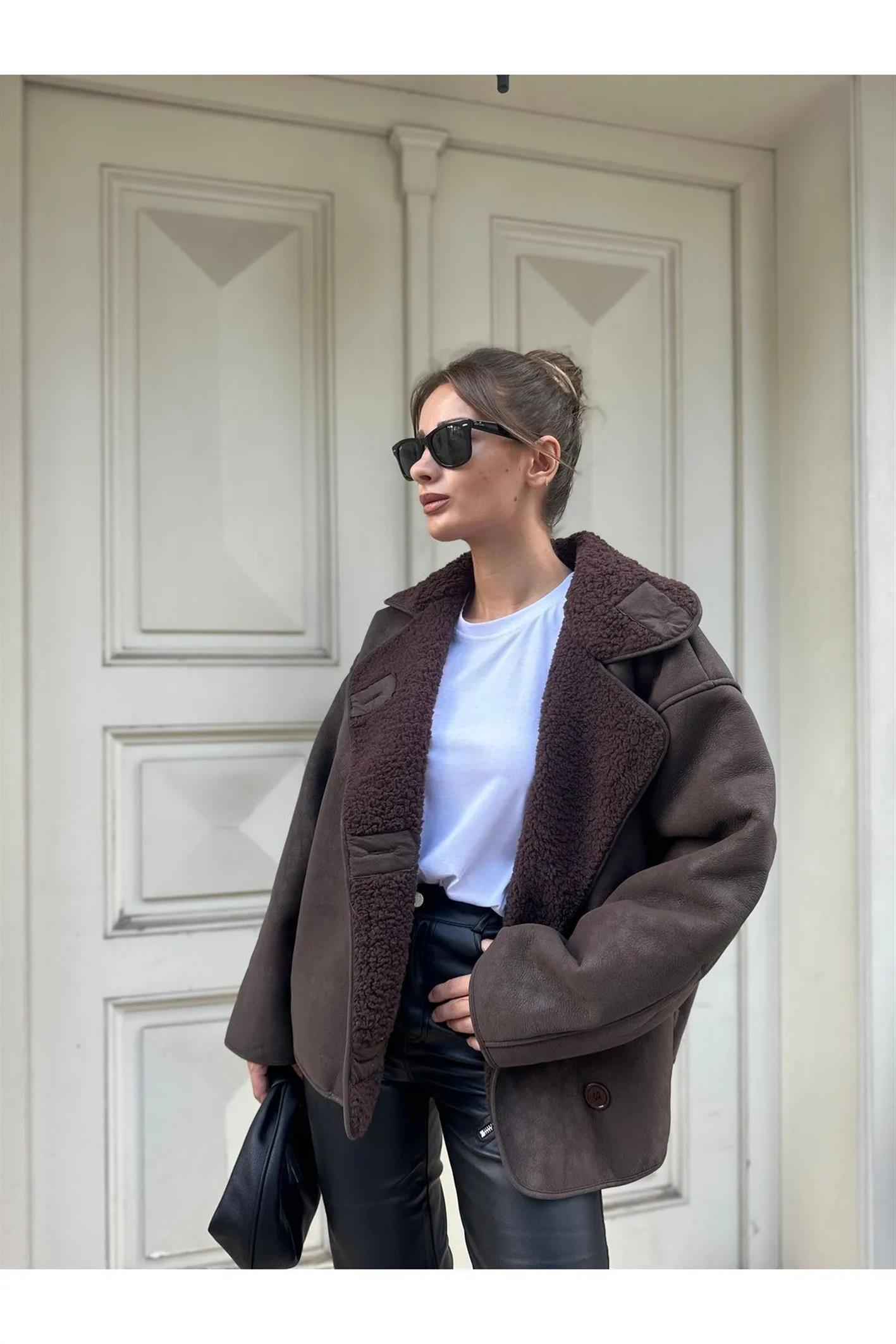 Else Kahve Dokulu Süet İçi Peluşlu Oversize ZR Model Mont