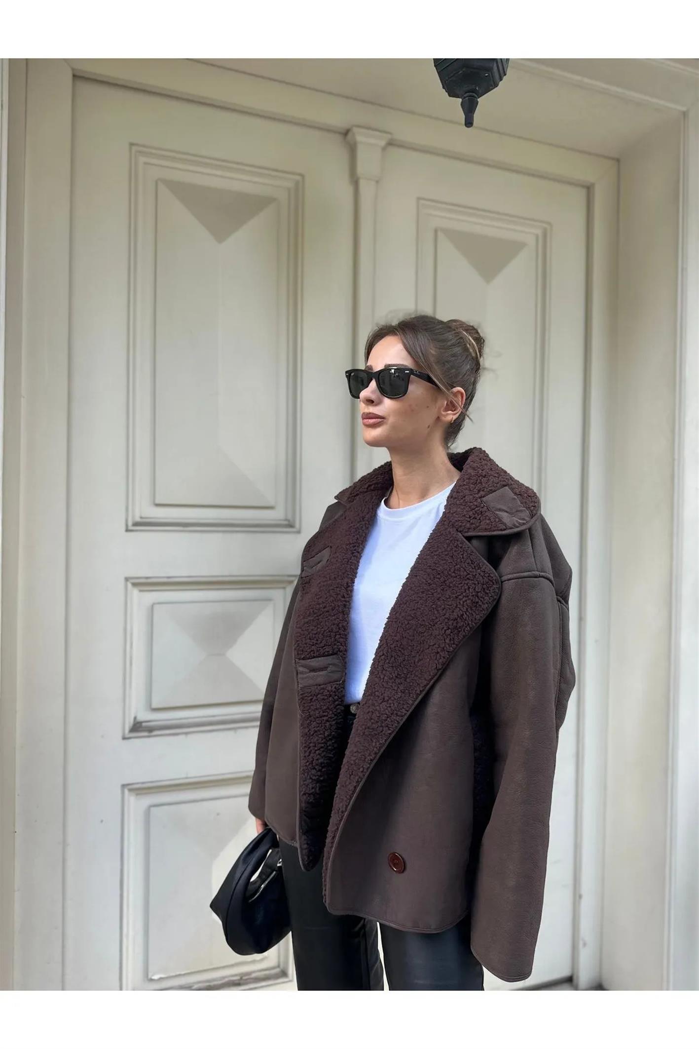 Else Kahve Dokulu Süet İçi Peluşlu Oversize ZR Model Mont