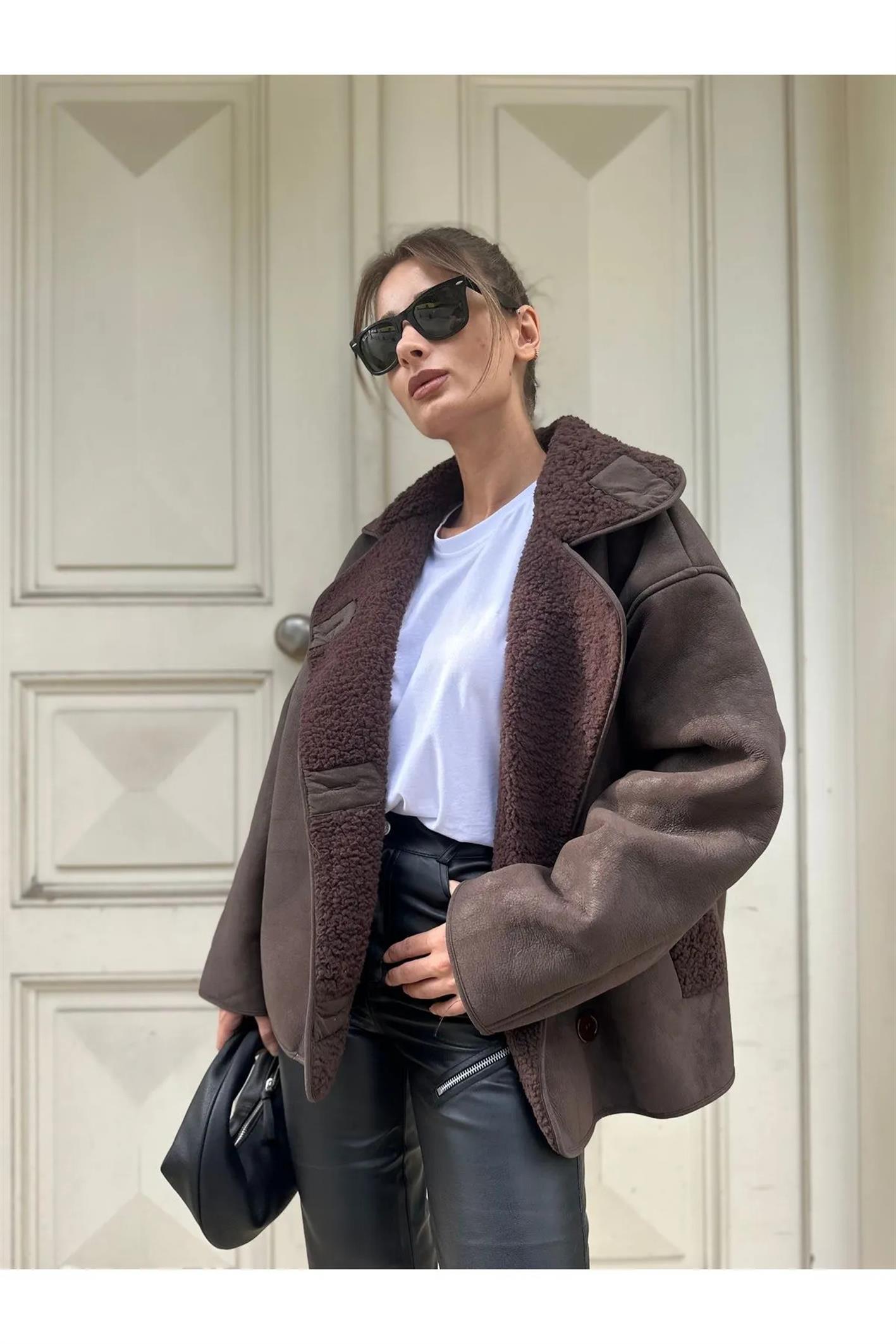 Else Kahve Dokulu Süet İçi Peluşlu Oversize ZR Model Mont