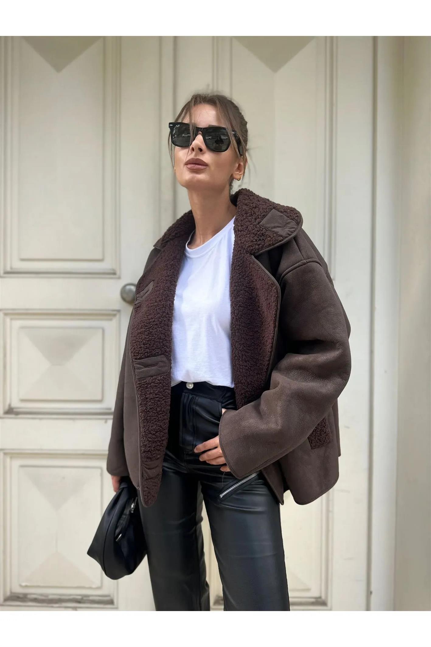 Else Kahve Dokulu Süet İçi Peluşlu Oversize ZR Model Mont