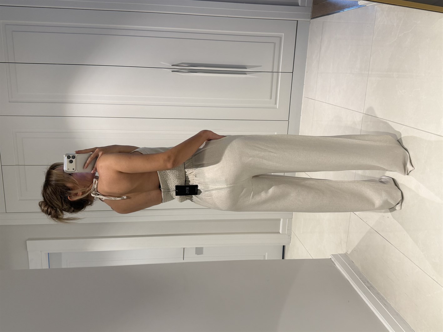 Emily Bej Bambu Keten Asimetrik Halter Yaka Bluz Pantolon Takım