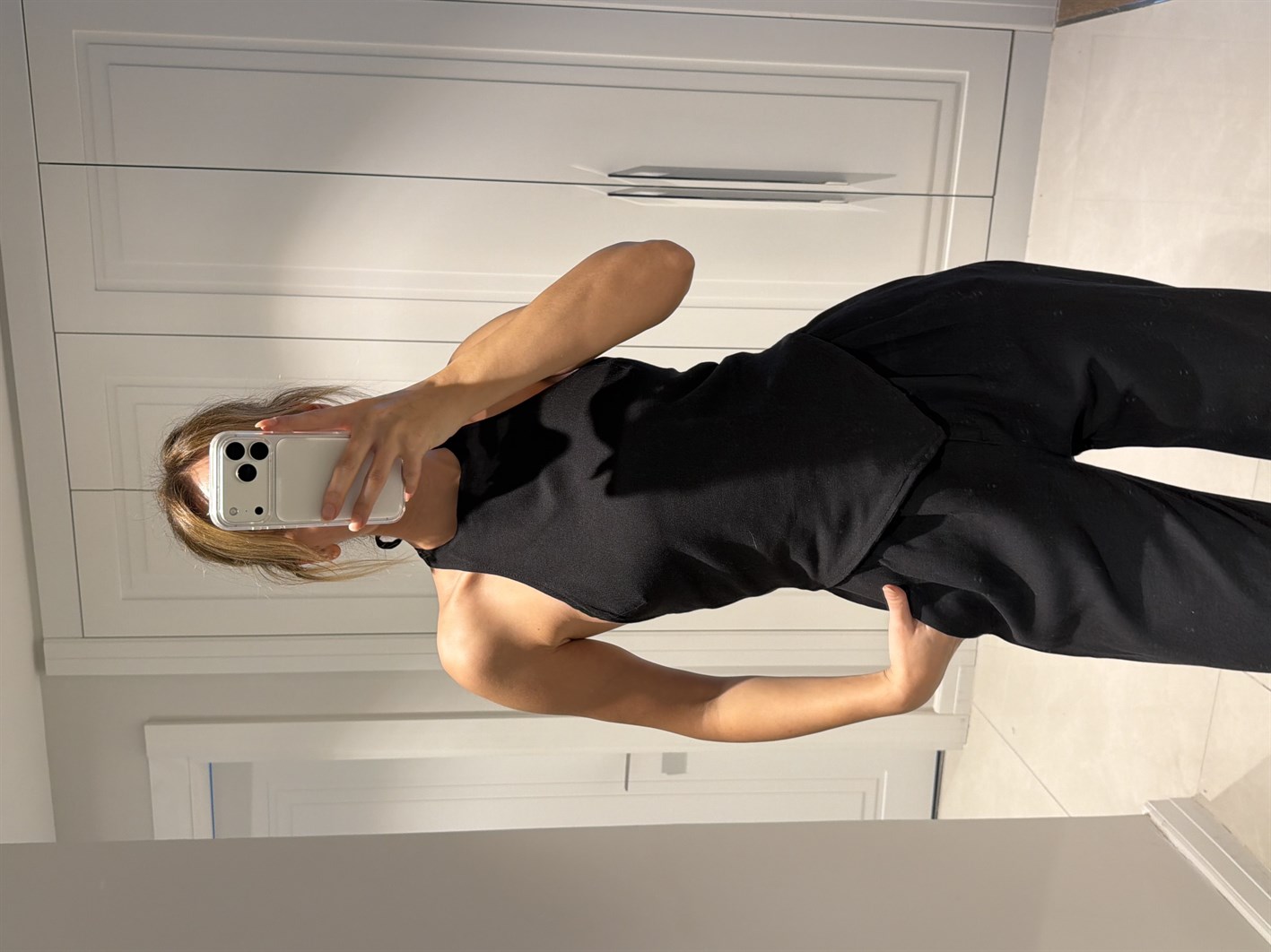 Emily Siyah Bambu Keten Asimetrik Halter Yaka Bluz Pantolon Takım