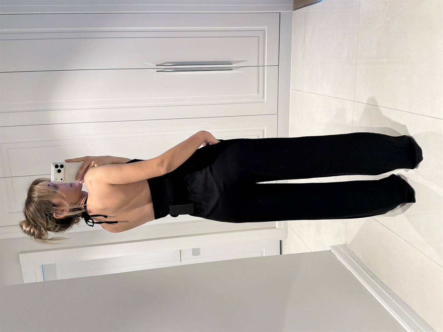 Emily Siyah Bambu Keten Asimetrik Halter Yaka Bluz Pantolon Takım