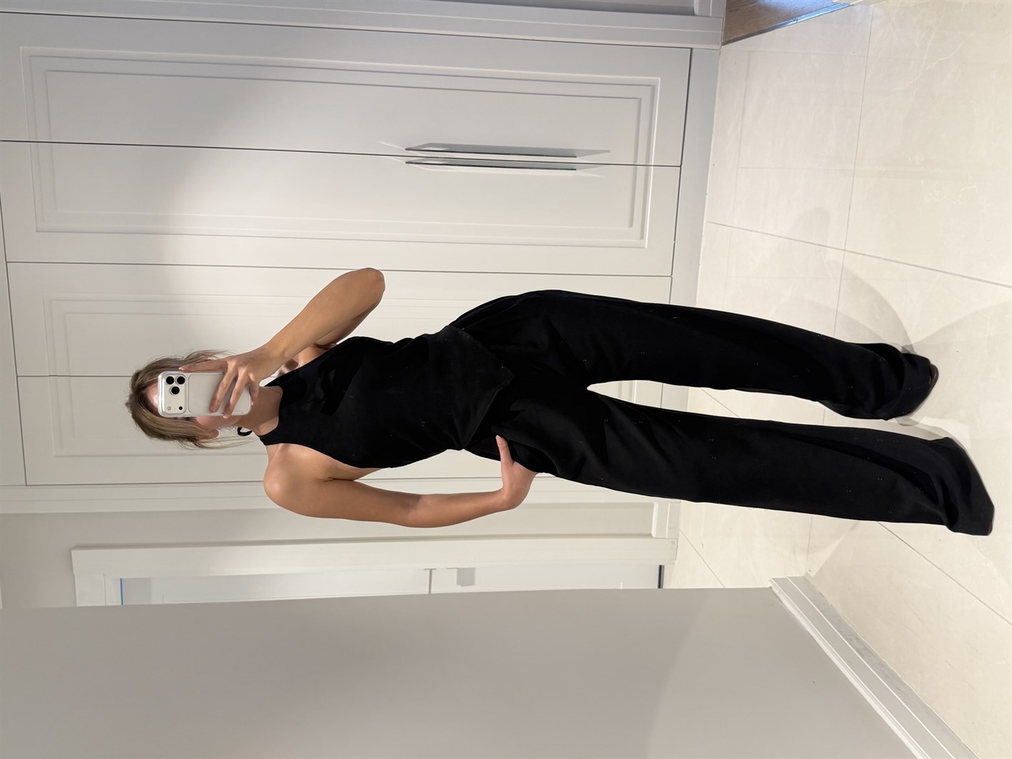 Emily Siyah Bambu Keten Asimetrik Halter Yaka Bluz Pantolon Takım