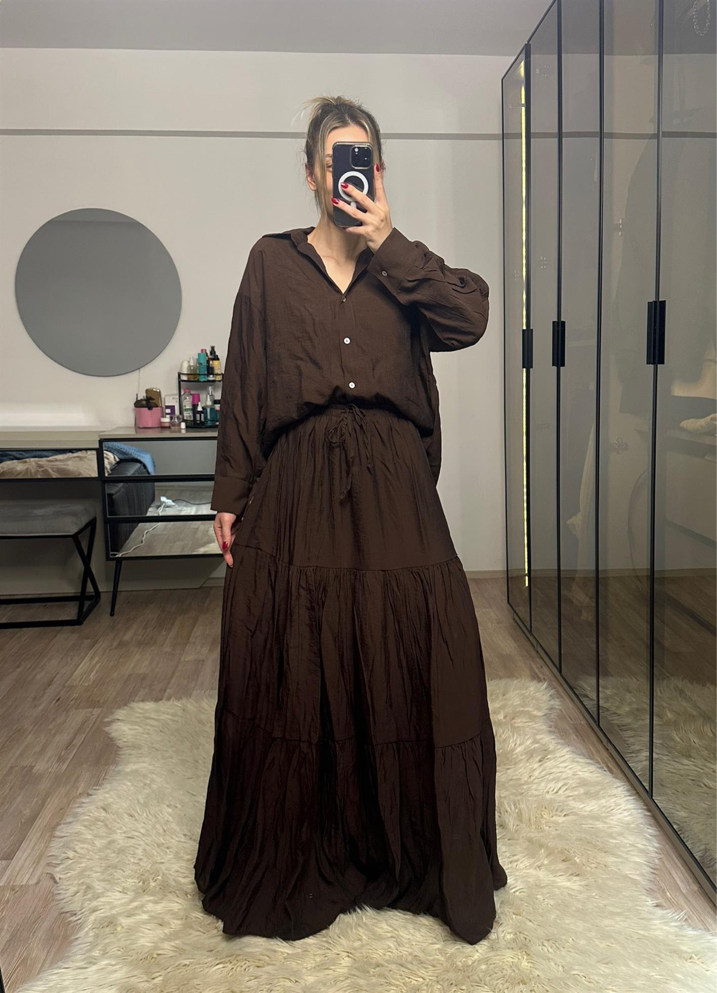 Emma Acı Kahve Gömlek Etek Takım