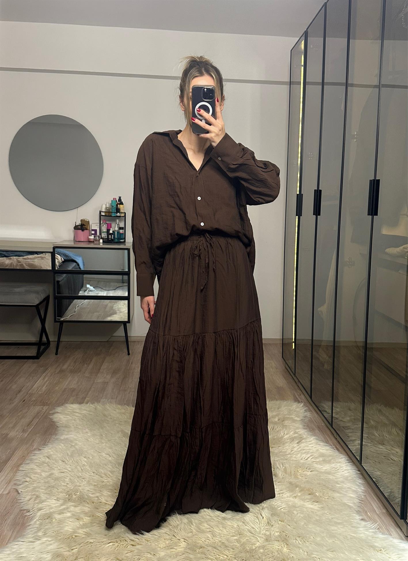 Emma Acı Kahve Gömlek Etek Takım