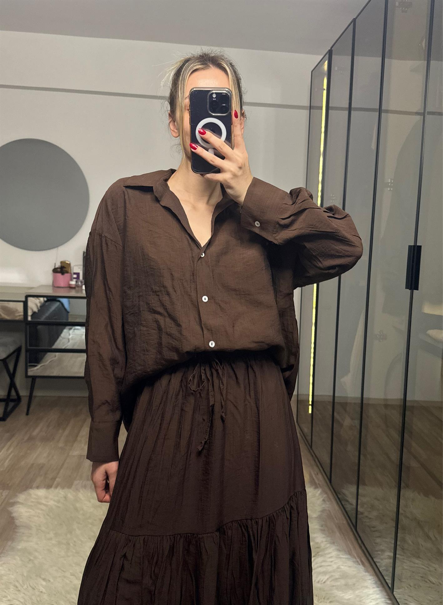 Emma Acı Kahve Gömlek Etek Takım