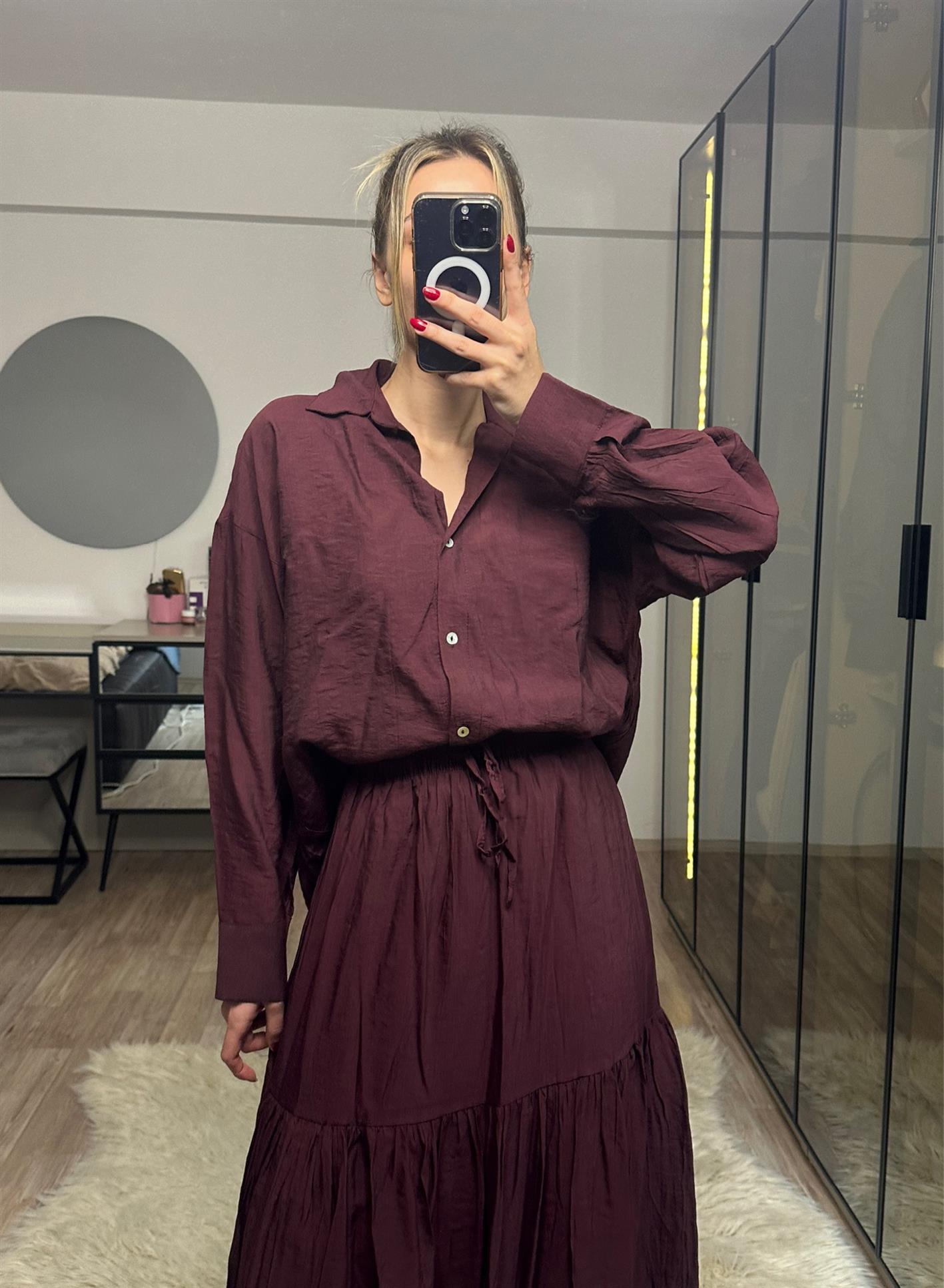 Emma Bordo Gömlek Etek Takım