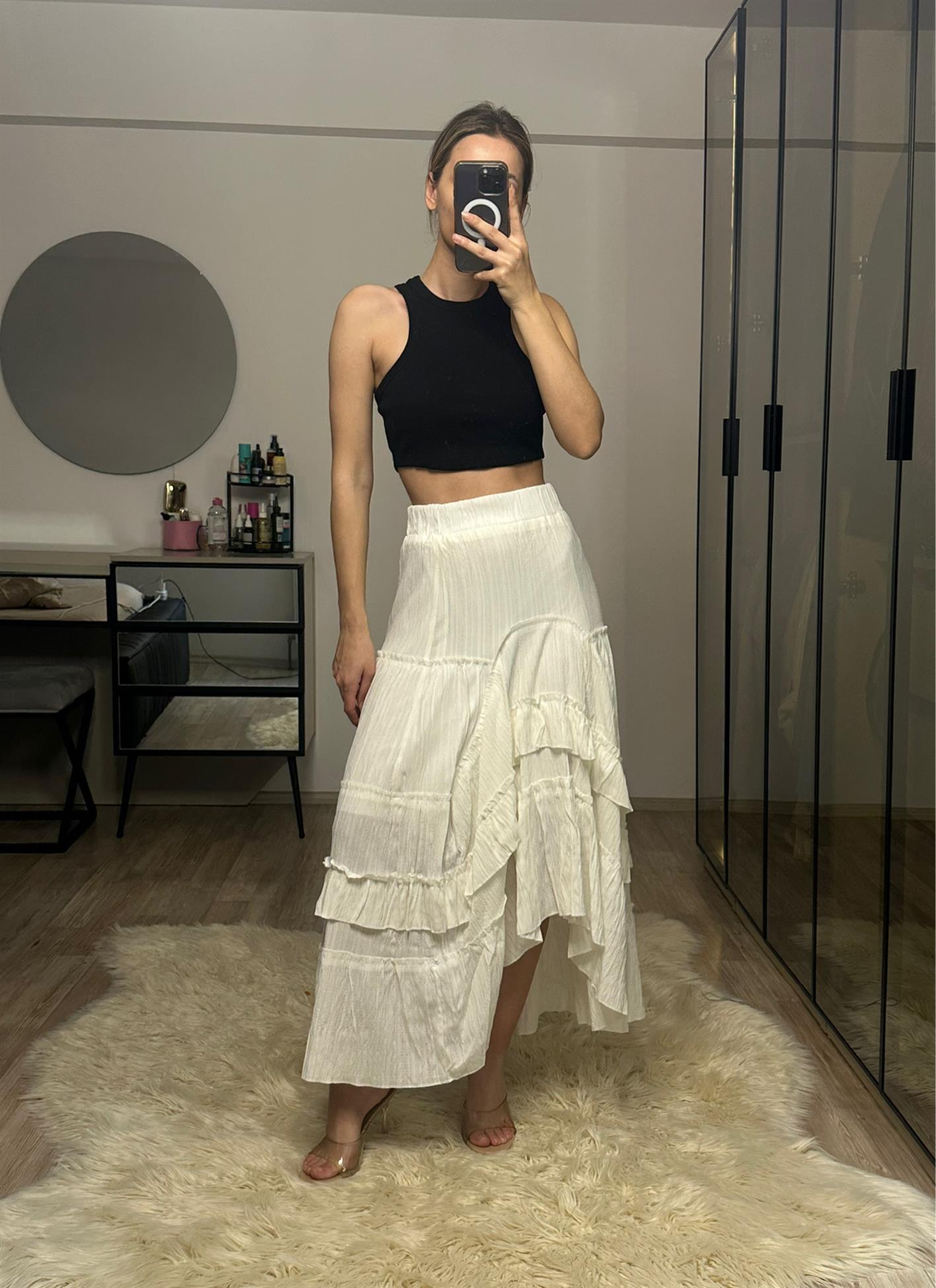 Ester Beyaz Fırfırlı Gofre Etek