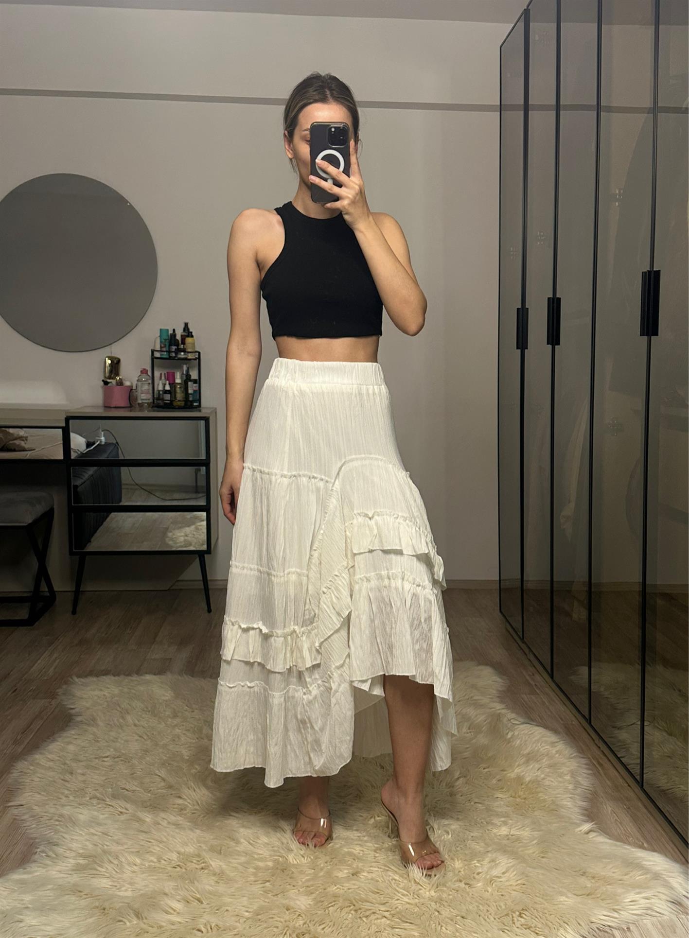 Ester Beyaz Fırfırlı Gofre Etek