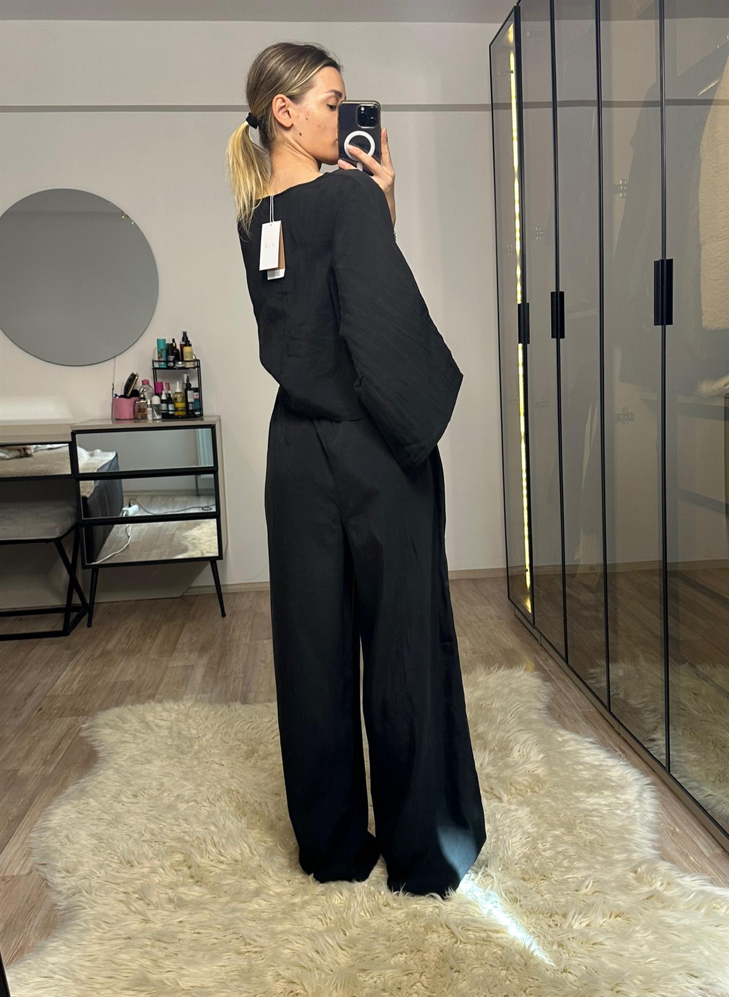 Gemma Siyah Önü Bağlamalı Salaş Kollu Pantolon Bluz Takım