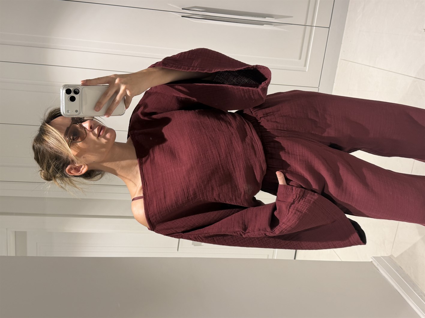 Gloria Bordo Müslin Kumaş Bluz Pantolon Takım