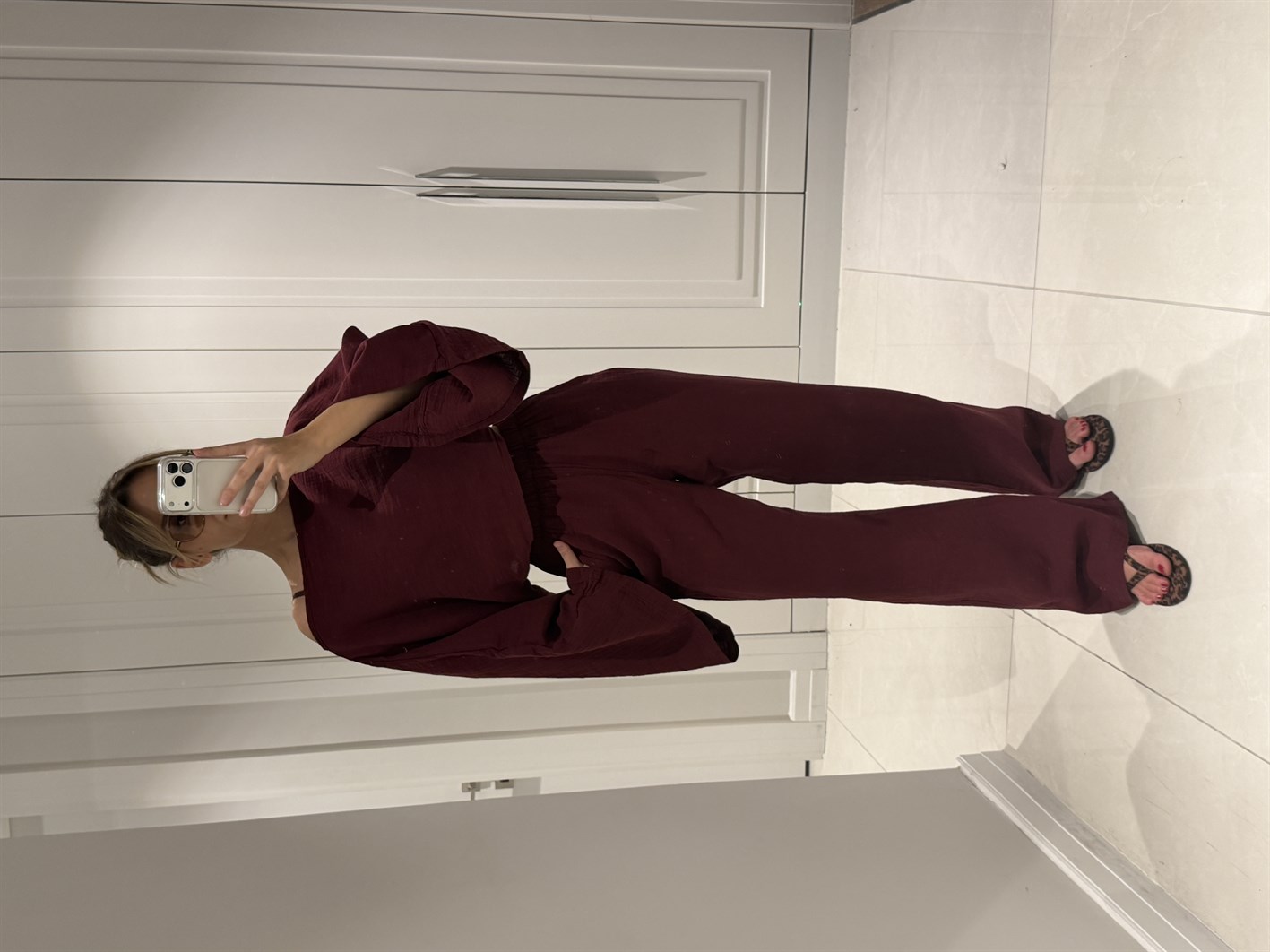 Gloria Bordo Müslin Kumaş Bluz Pantolon Takım