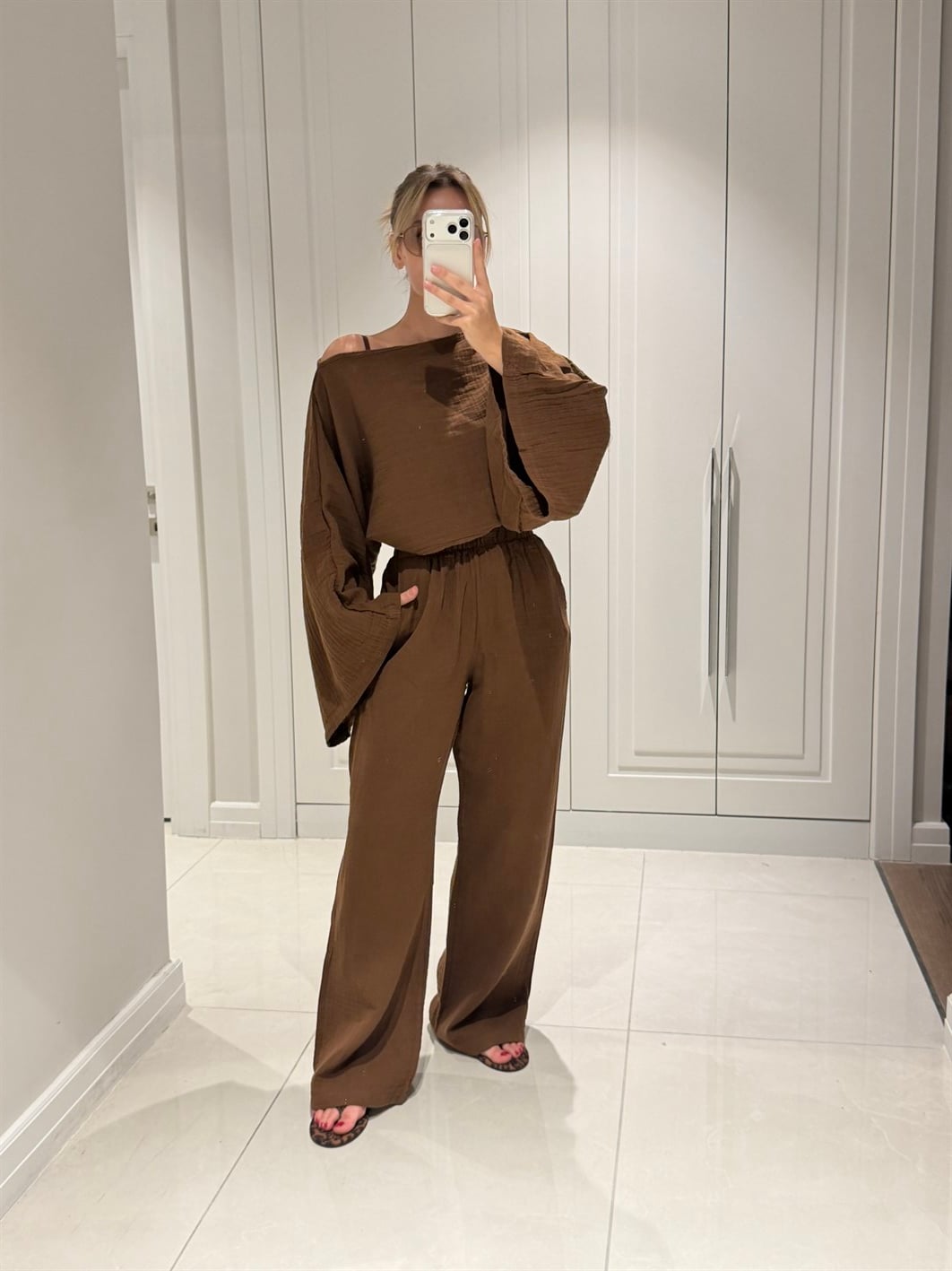 Gloria Kahverengi Müslin Kumaş Bluz Pantolon Takım