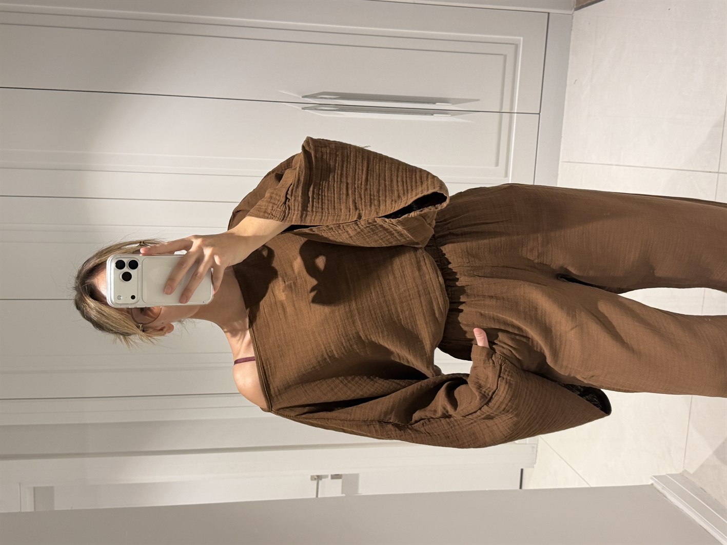 Gloria Kahverengi Müslin Kumaş Bluz Pantolon Takım