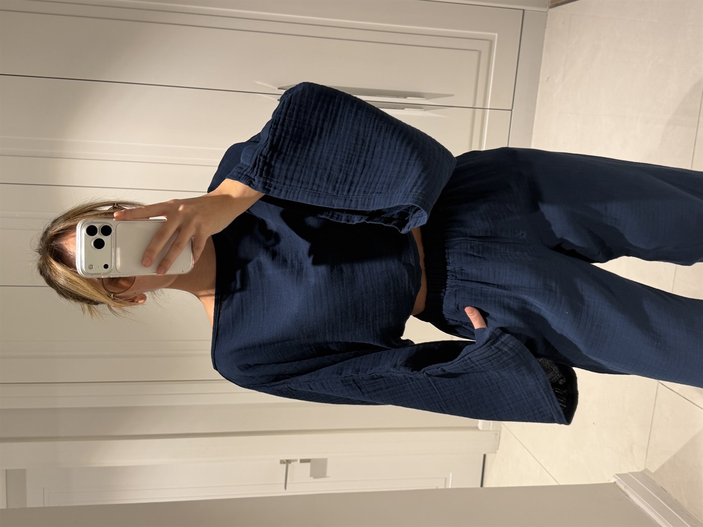 Gloria Lacivert Müslin Kumaş Bluz Pantolon Takım