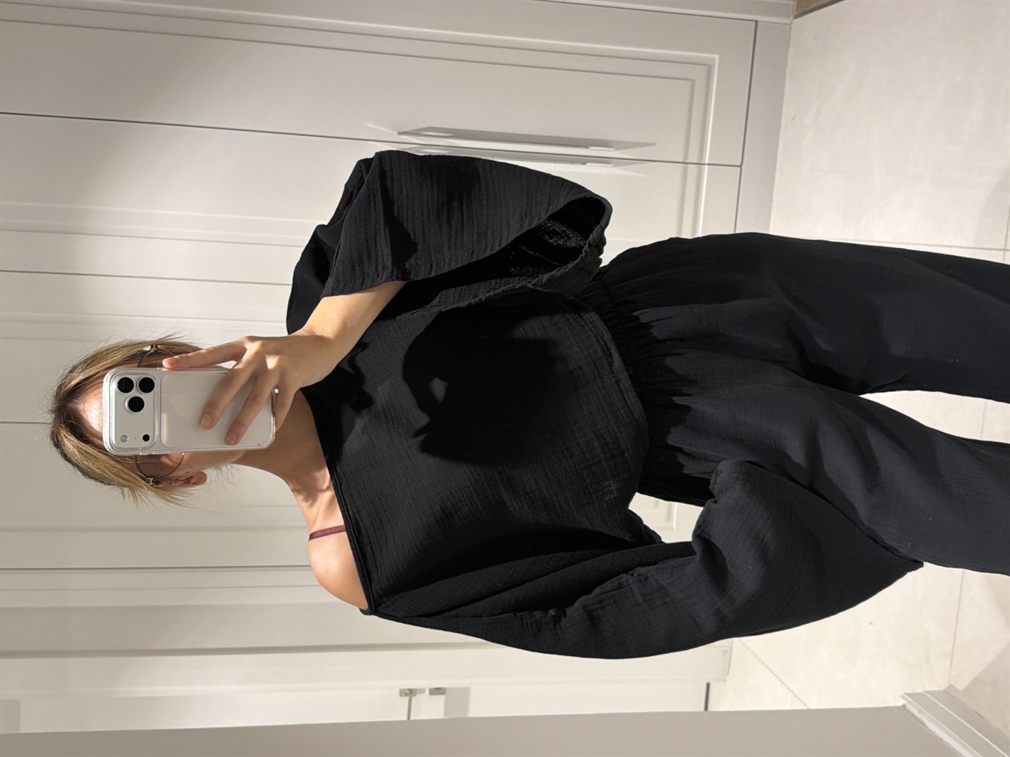 Gloria Siyah Müslin Kumaş Bluz Pantolon Takım