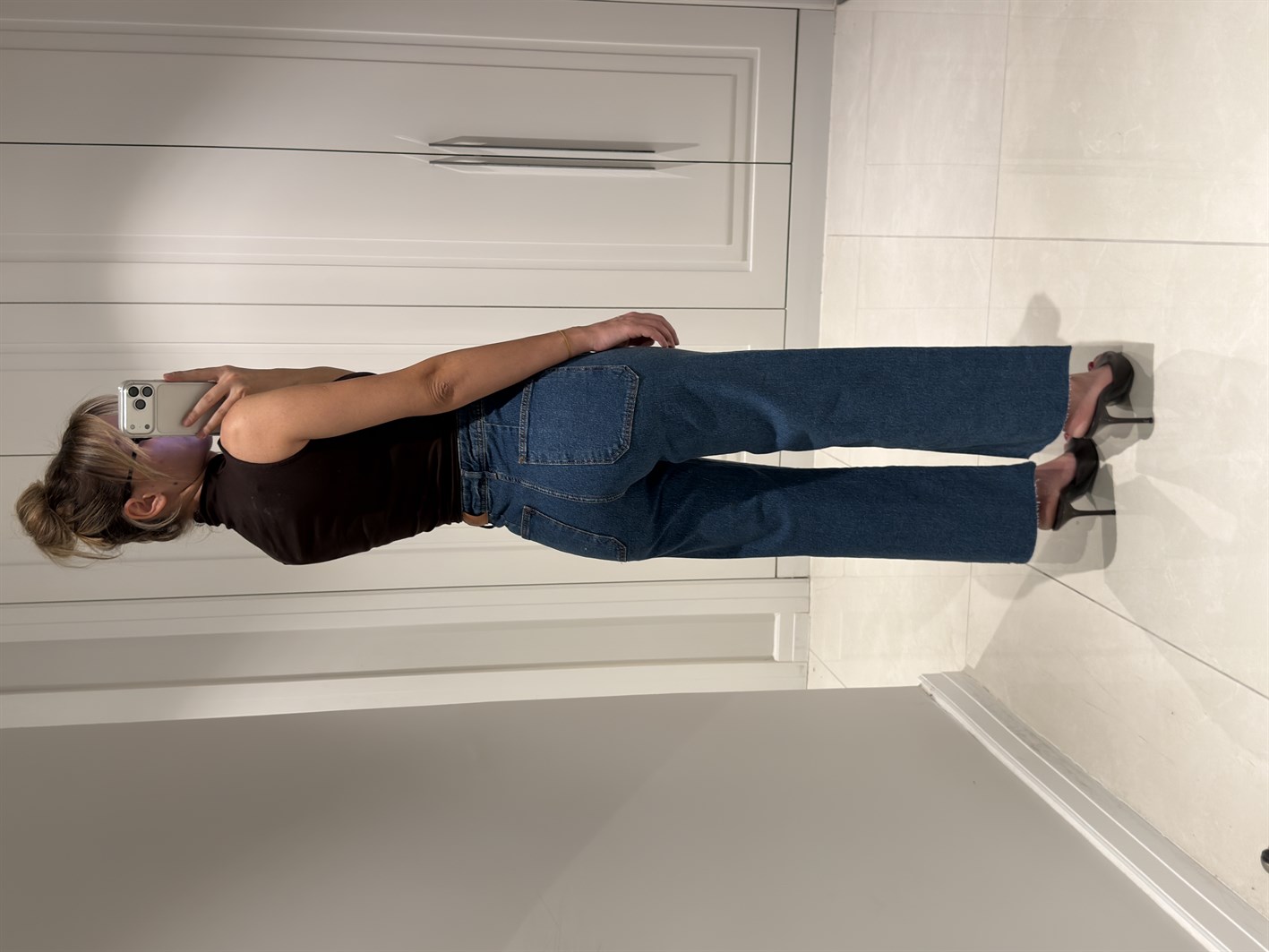 Helen Orta Mavi Çift Cep Detaylı Yüksek Bel Likralı Palazzo Jean