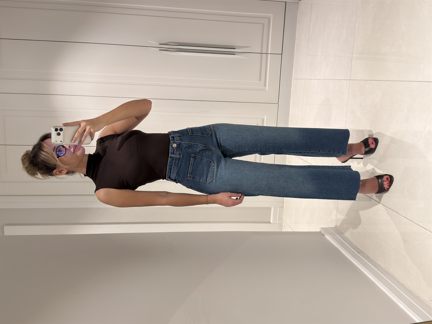 Helen Orta Mavi Çift Cep Detaylı Yüksek Bel Likralı Palazzo Jean