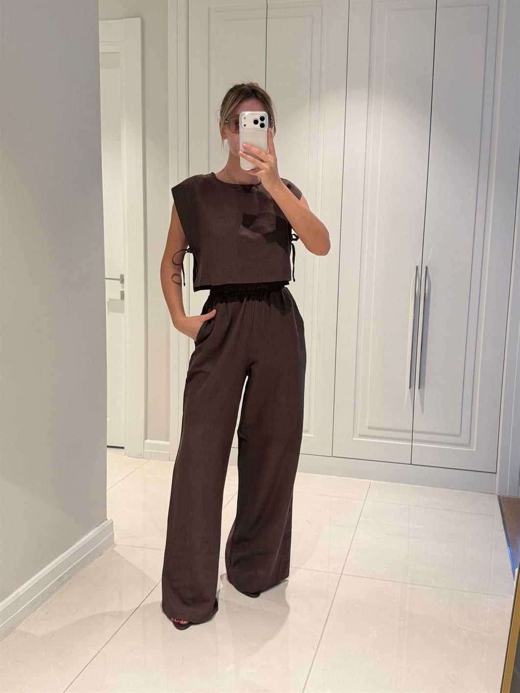 Hope Acı Kahve Bağlama Detaylı Bluz Pantolon Takım