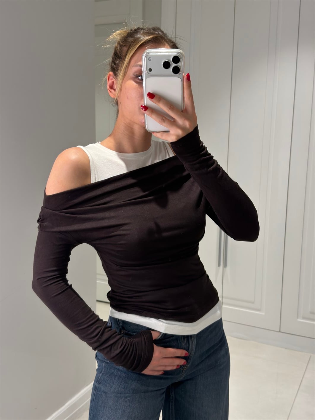 Isabella Acı Kahve Asimetrik Çift Katlı Triko Bluz