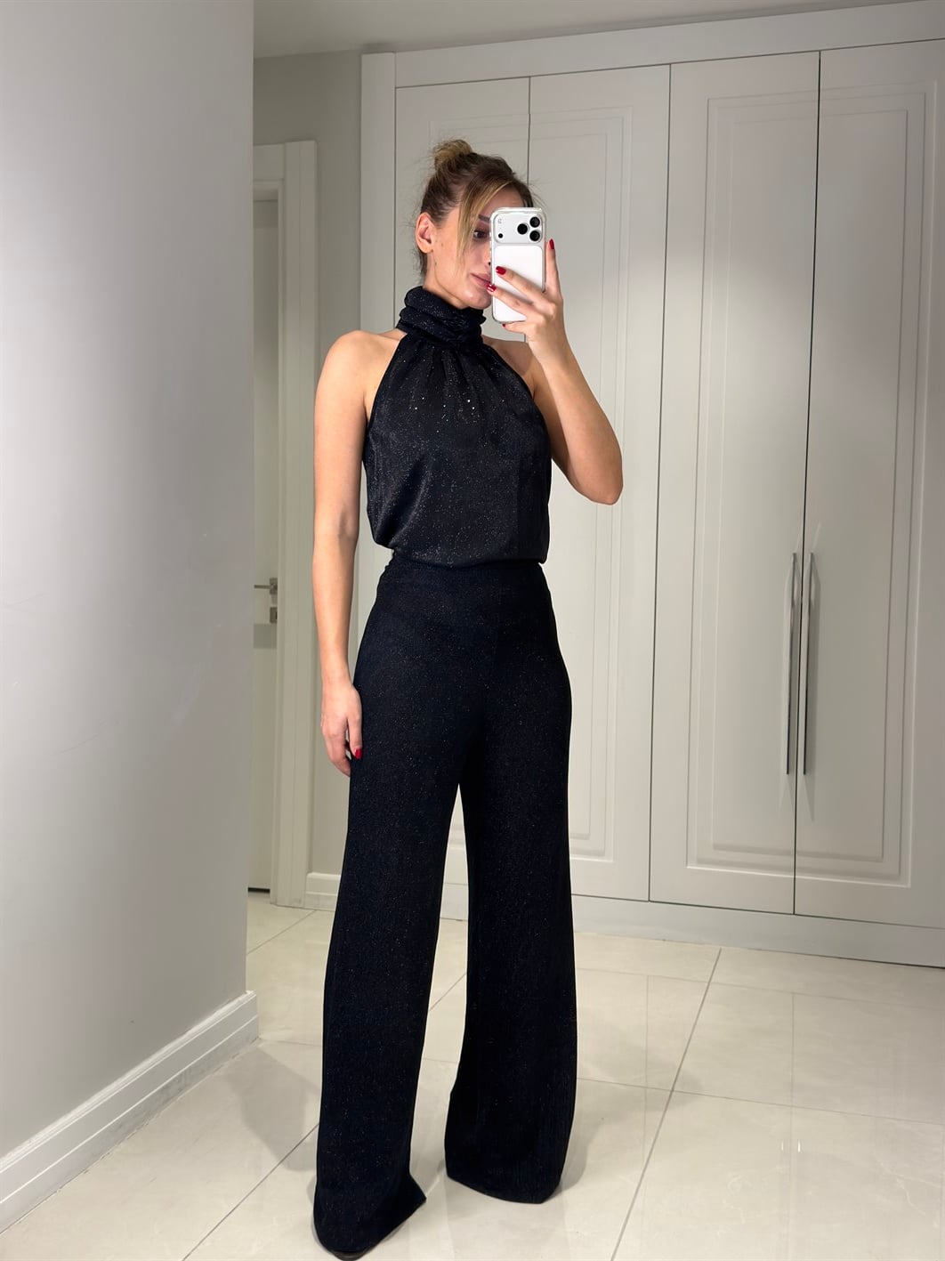 Josie Siyah Simli Parlak Bluz Pantolon Takım