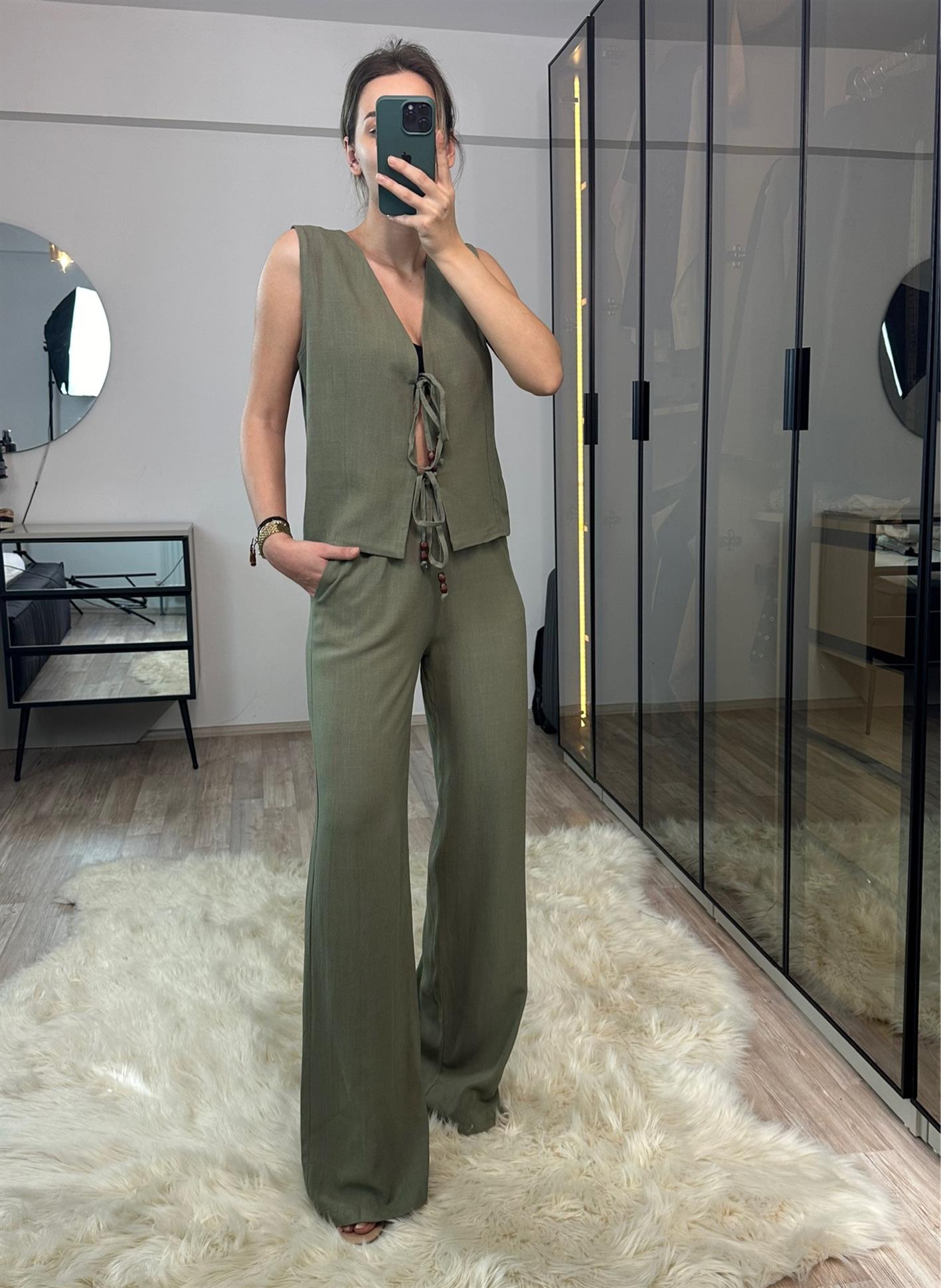 Julia Haki Boncuk Detaylı %100 Ham Keten Yelek Pantolon Takım