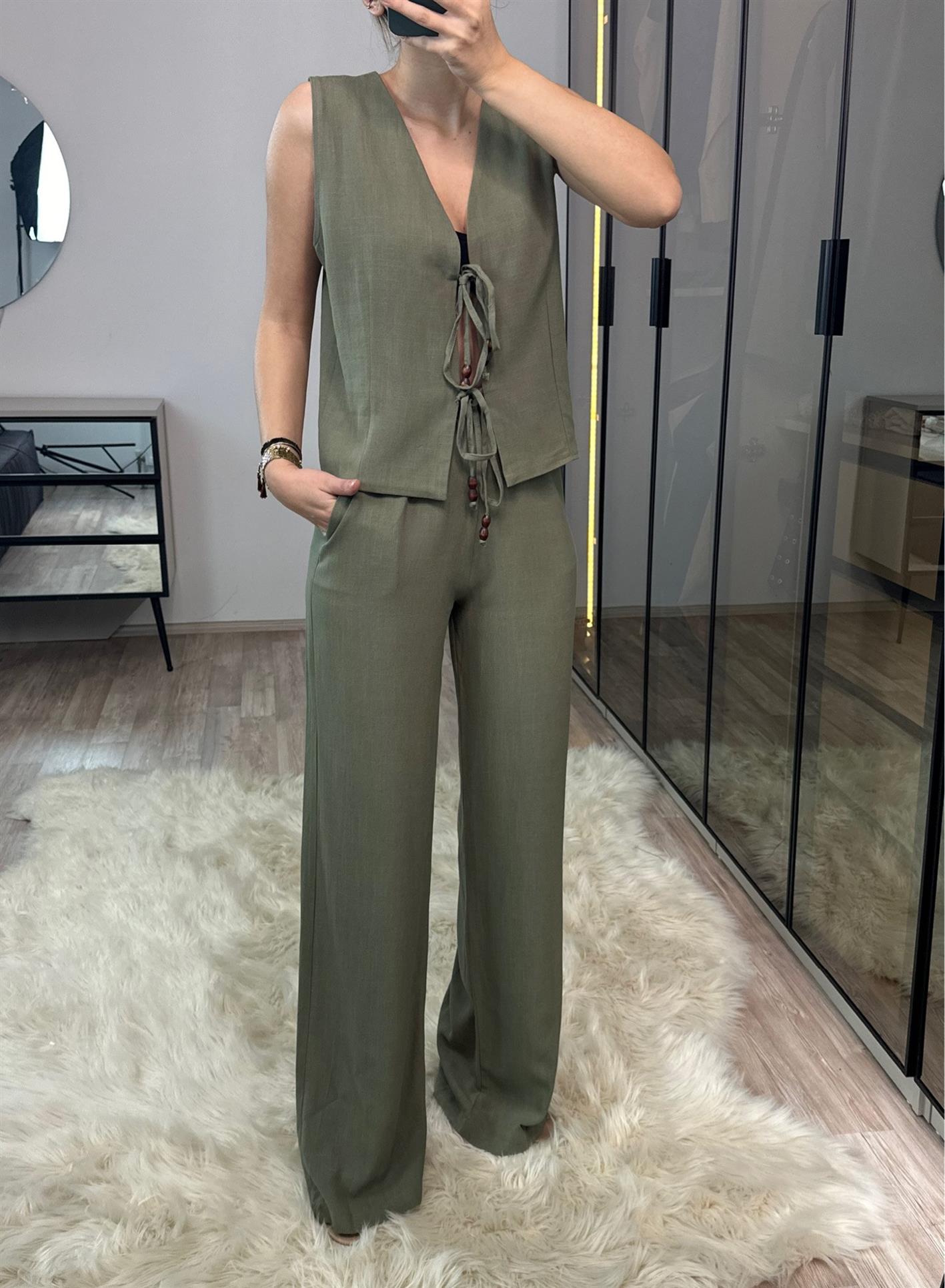 Julia Haki Boncuk Detaylı %100 Ham Keten Yelek Pantolon Takım
