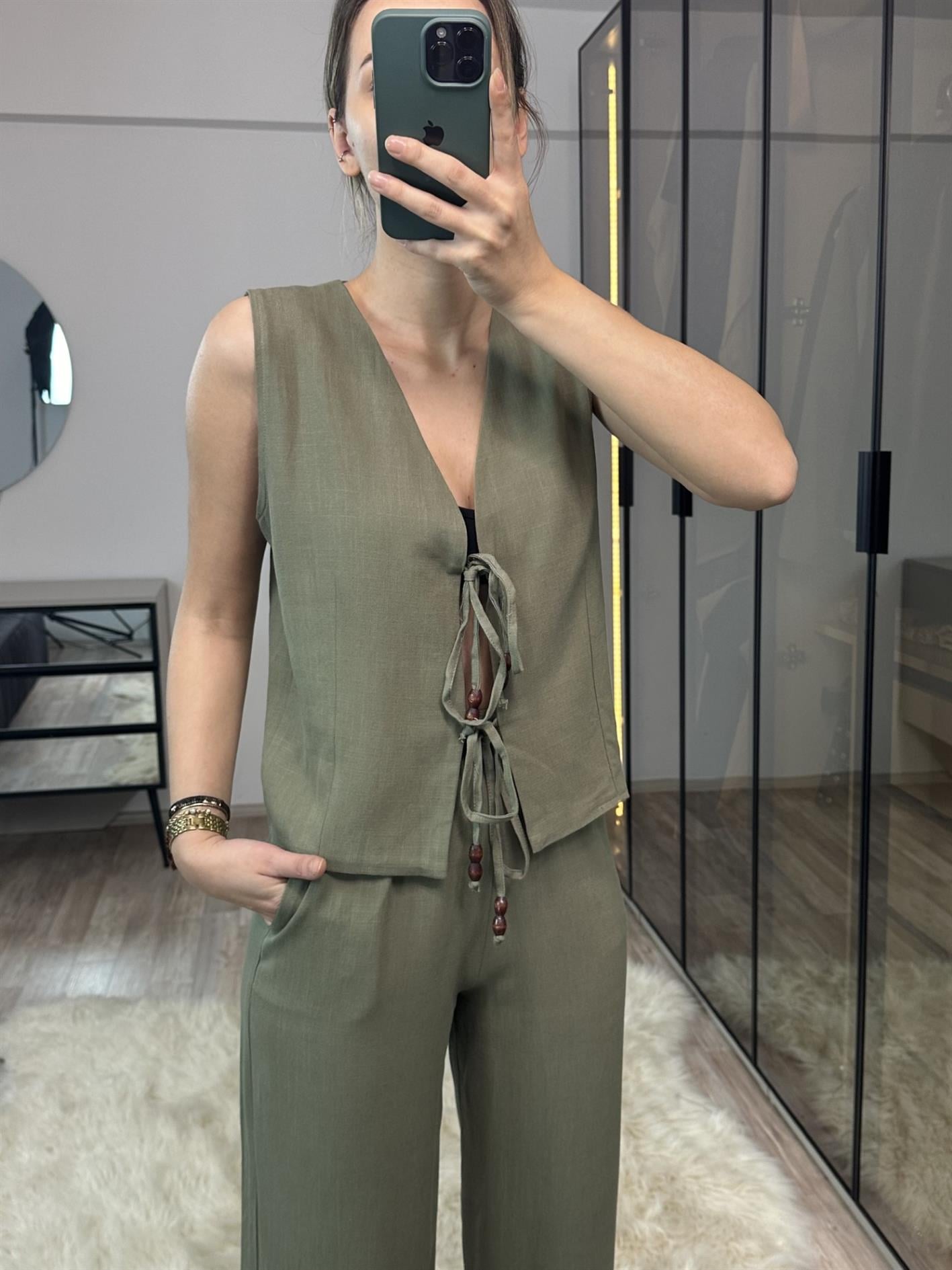 Julia Haki Boncuk Detaylı %100 Ham Keten Yelek Pantolon Takım