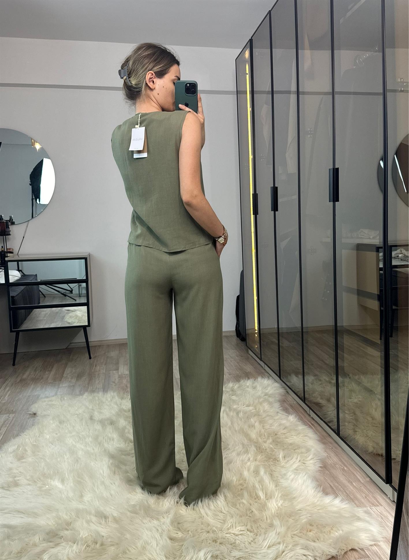 Julia Haki Boncuk Detaylı %100 Ham Keten Yelek Pantolon Takım