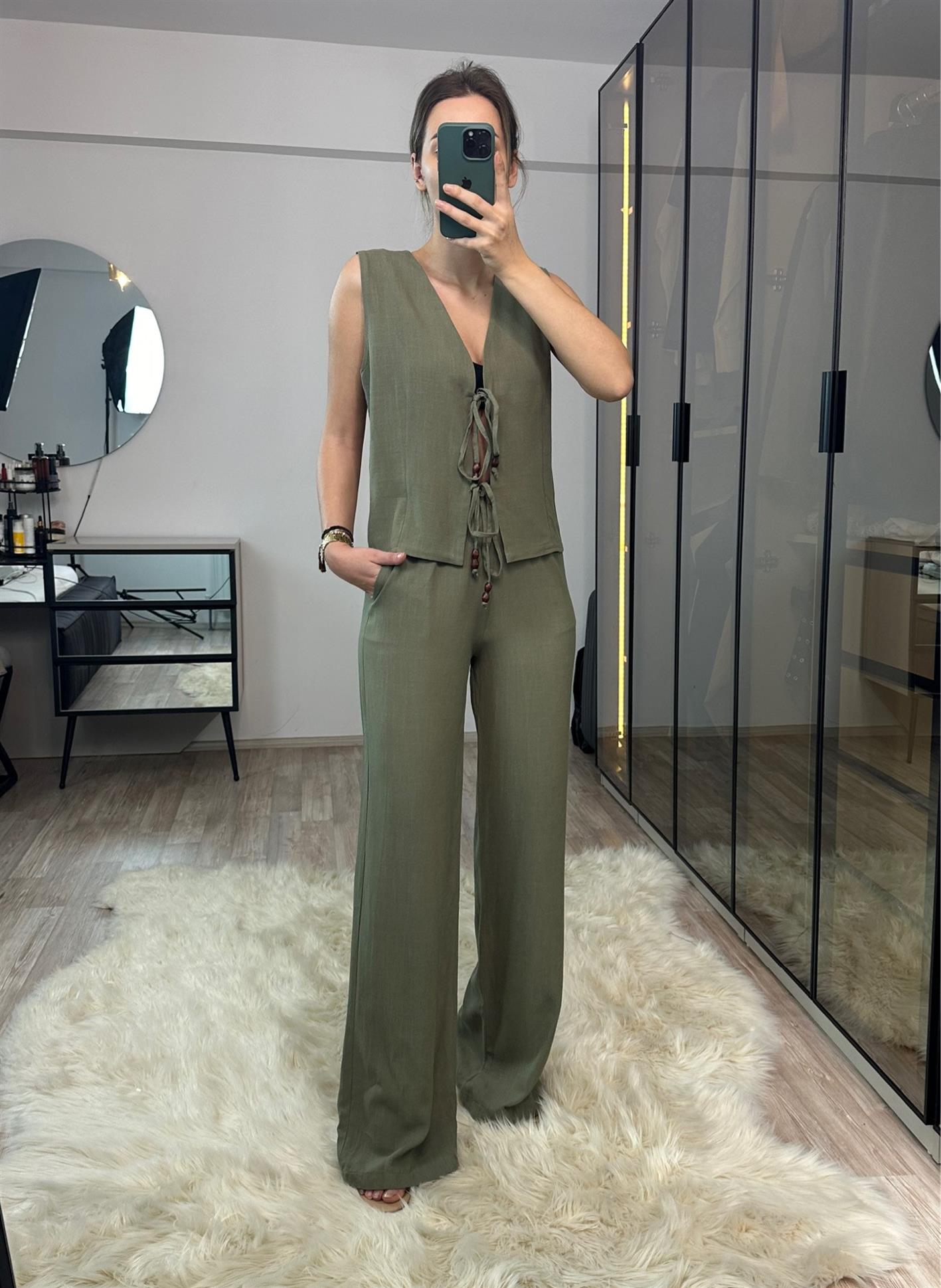 Julia Haki Boncuk Detaylı %100 Ham Keten Yelek Pantolon Takım