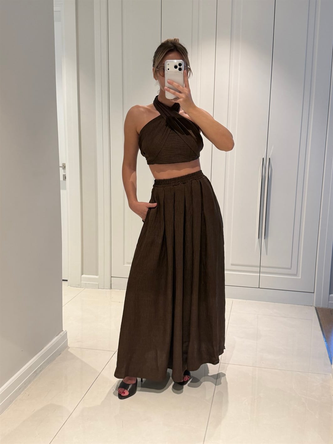 Kahlan Acı Kahve Etekli Crop Takım