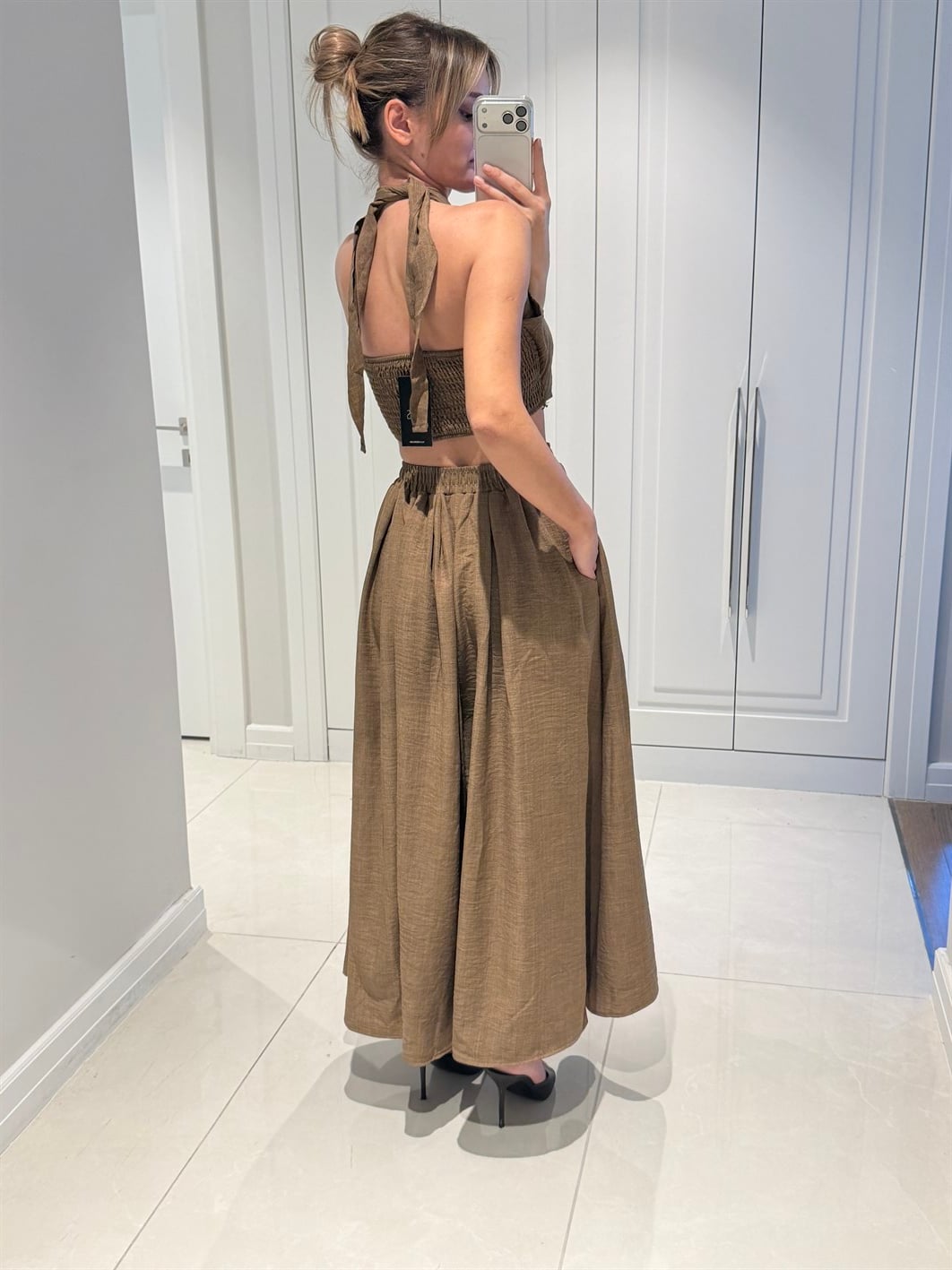 Kahlan Kahve Etekli Crop Takım