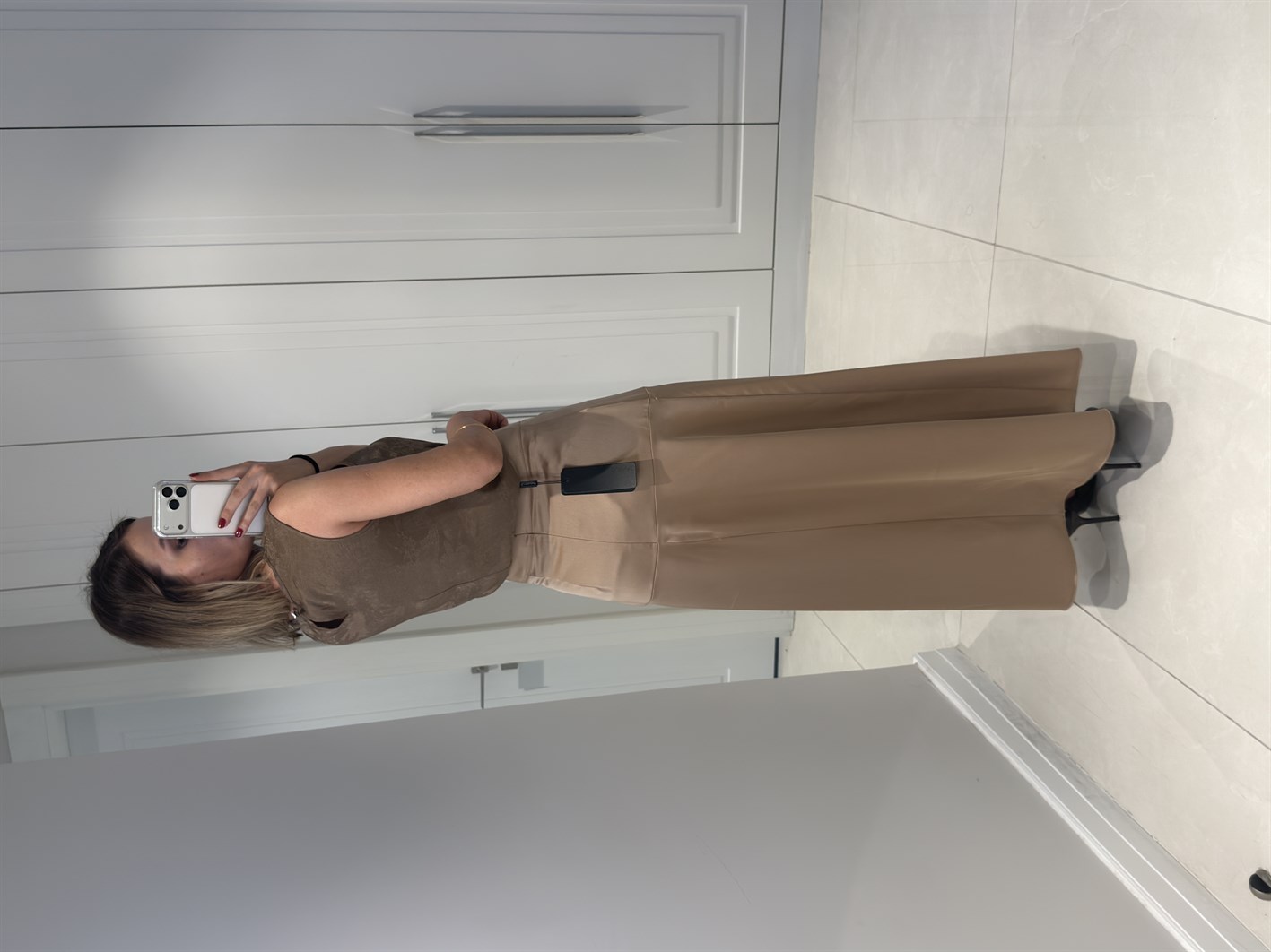 Kylea Bej Yüksek Bel Saten Etek