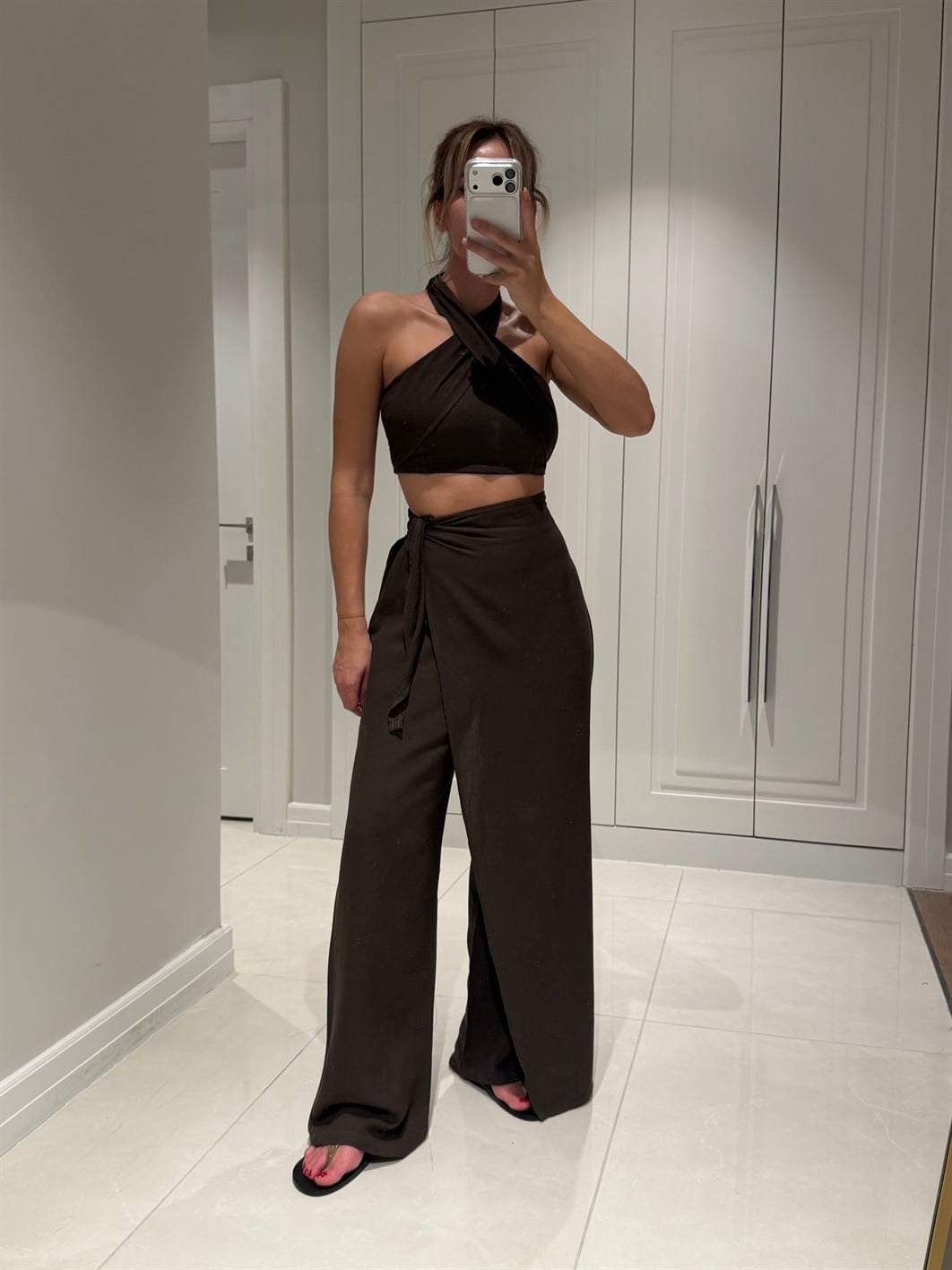 Lake Acı Kahve Crop Bağlamalı Kapaklı Pantolon Bluz Takım