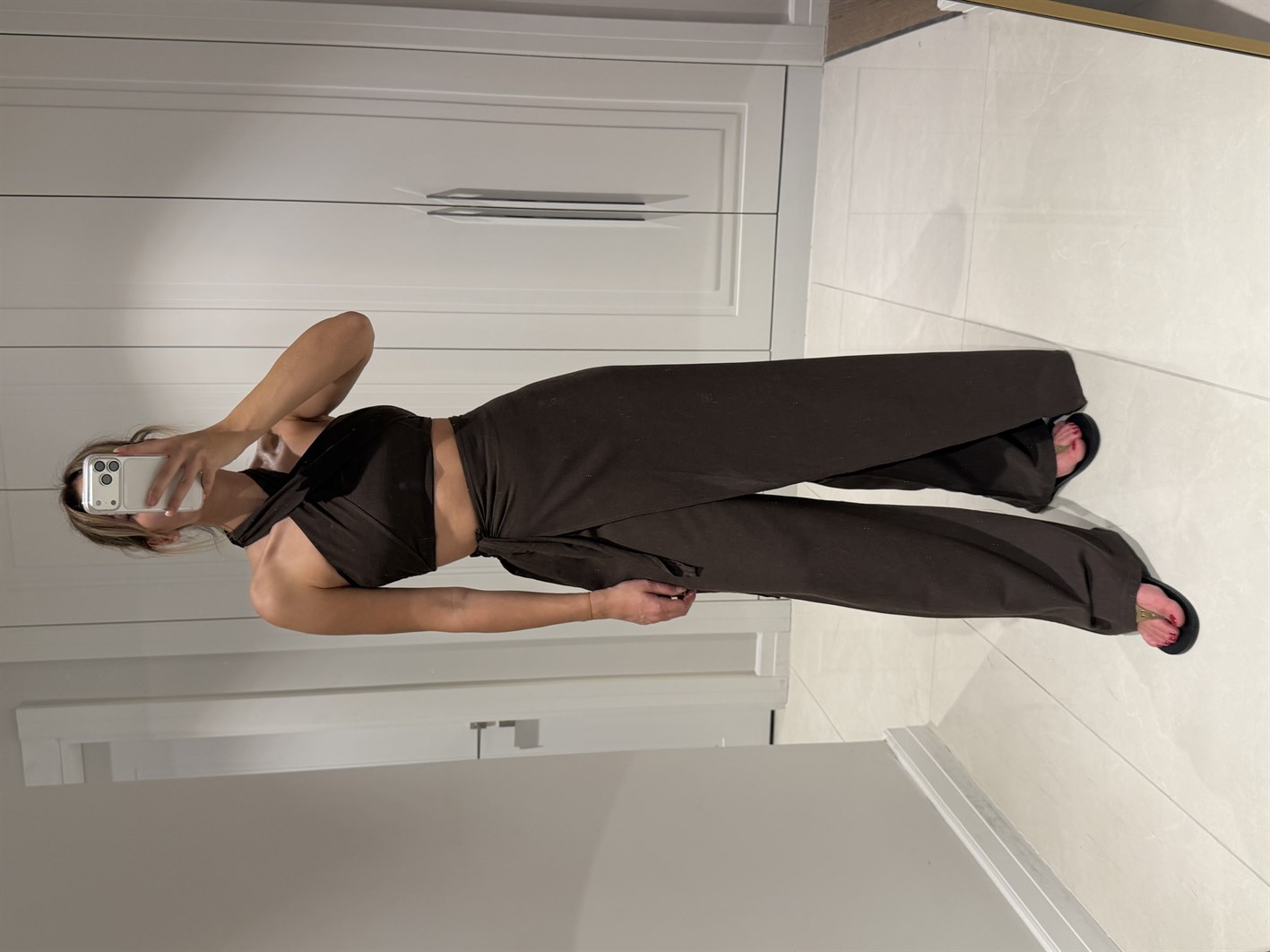 Lake Acı Kahve Crop Bağlamalı Kapaklı Pantolon Bluz Takım