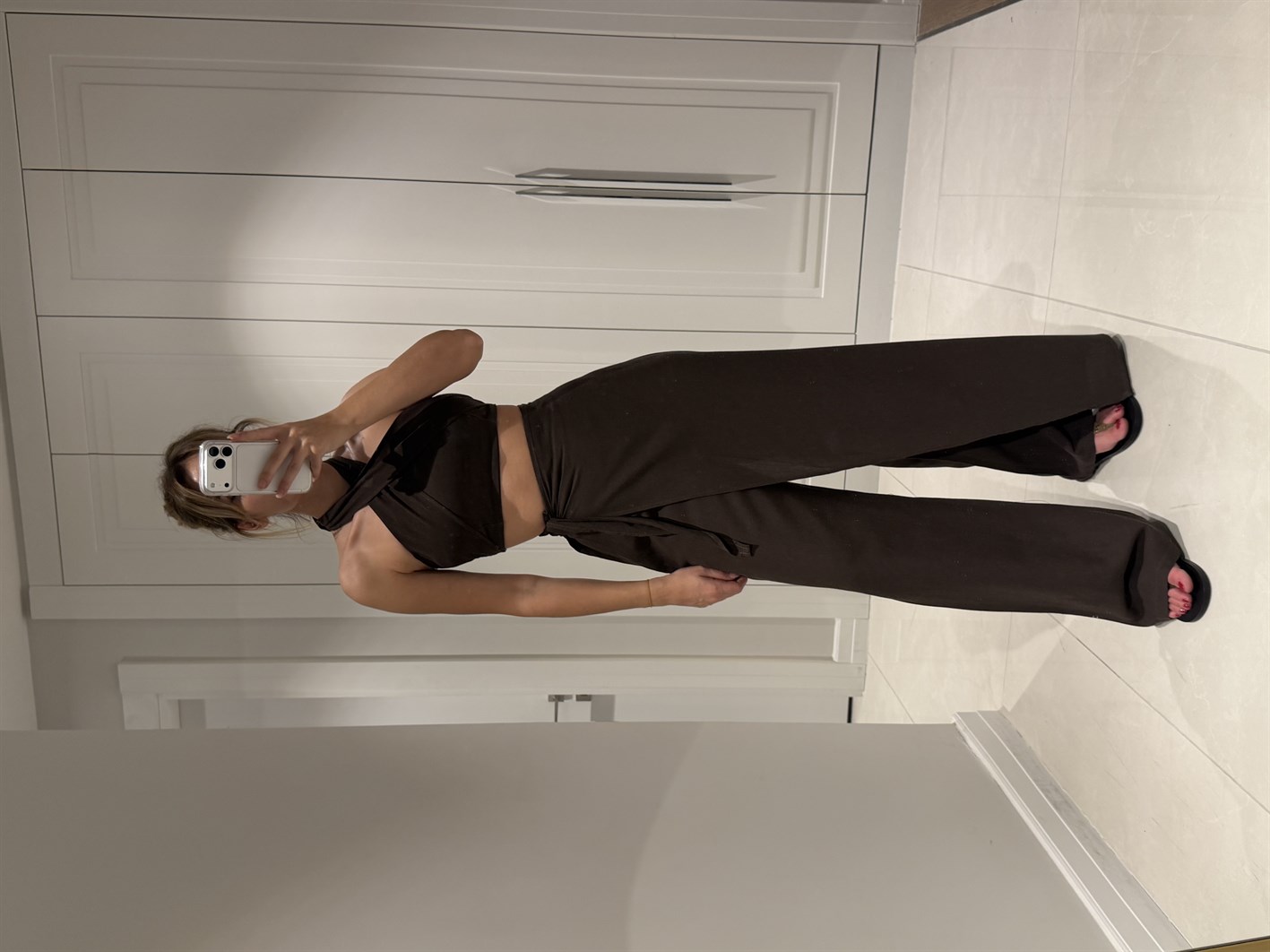 Lake Acı Kahve Crop Bağlamalı Kapaklı Pantolon Bluz Takım