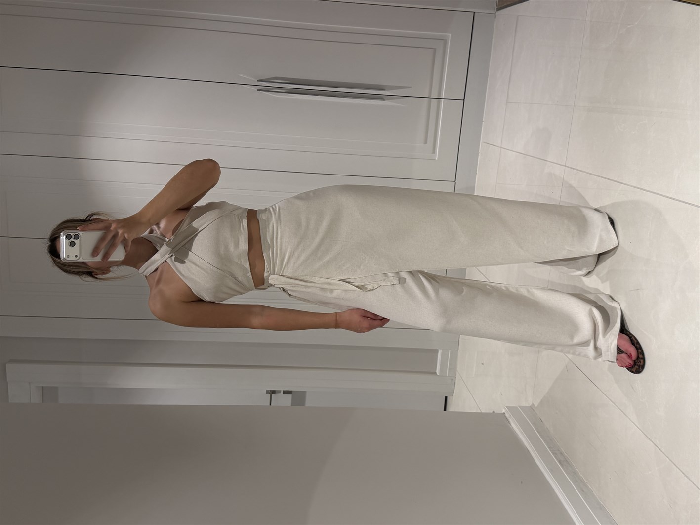 Lake Bej Crop Bağlamalı Kapaklı Pantolon Bluz Takım