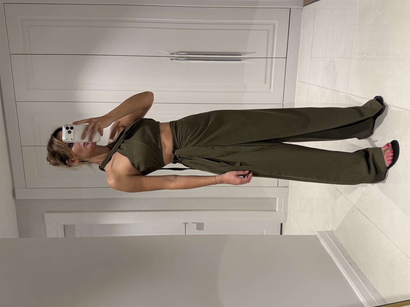 Lake Haki Crop Bağlamalı Kapaklı Pantolon Bluz Takım