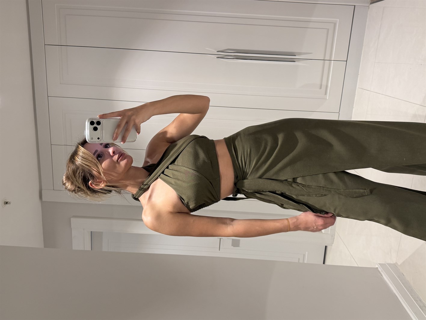 Lake Haki Crop Bağlamalı Kapaklı Pantolon Bluz Takım