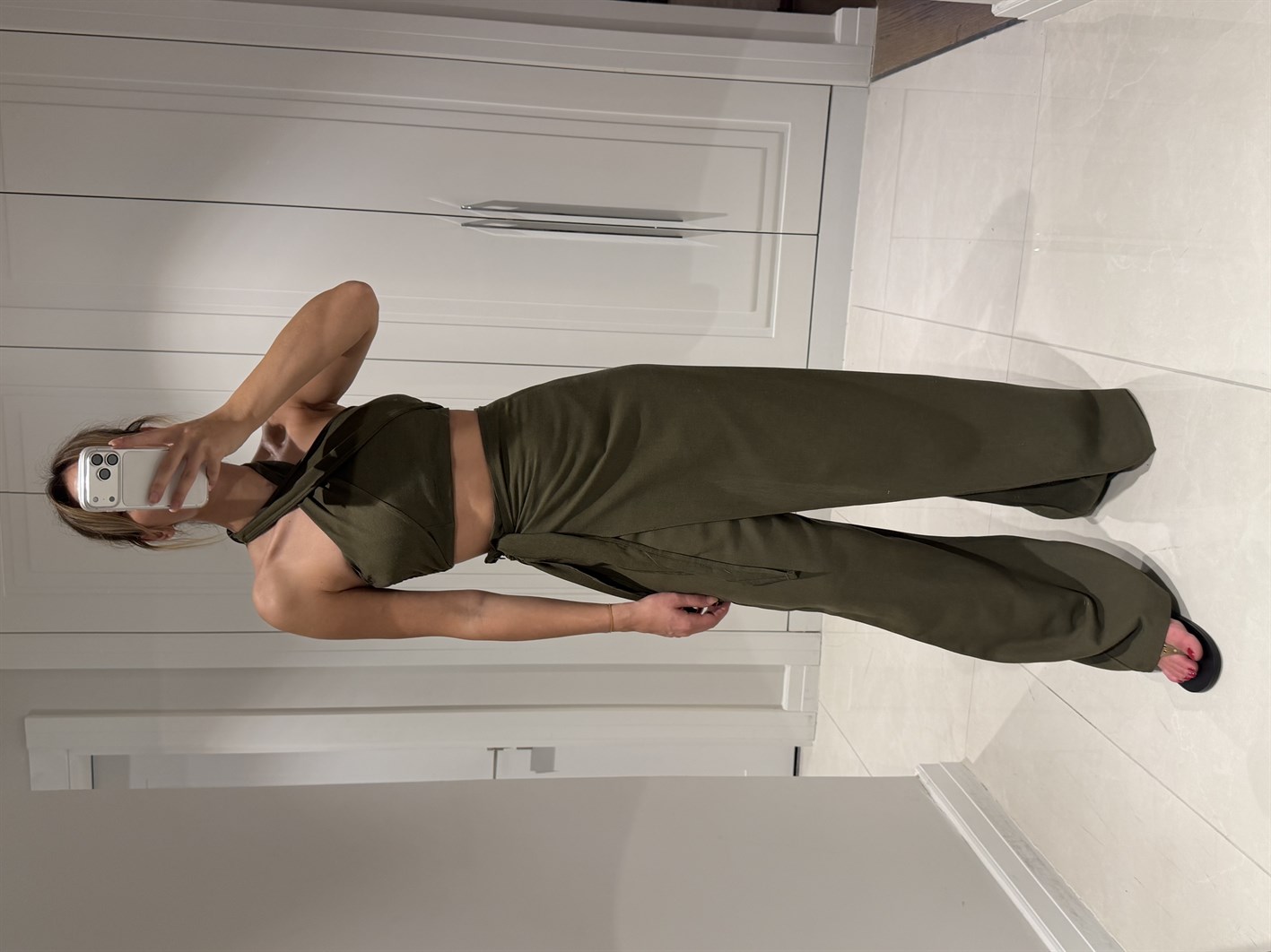 Lake Haki Crop Bağlamalı Kapaklı Pantolon Bluz Takım