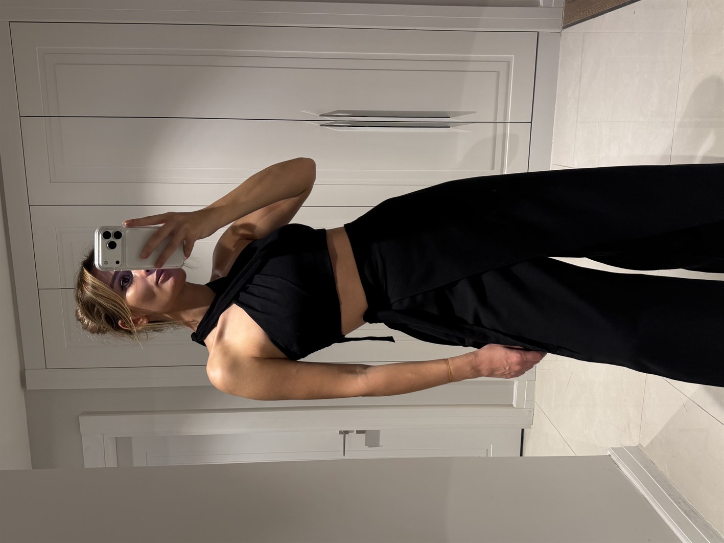 Lake Siyah Crop Bağlamalı Kapaklı Pantolon Bluz Takım