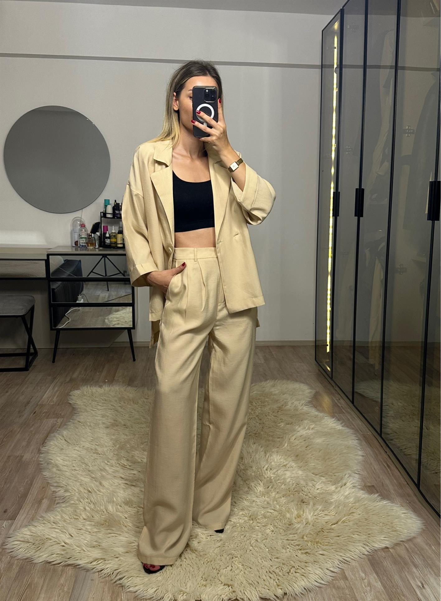 Lara Bej Keten Pantolon Blazer Takım