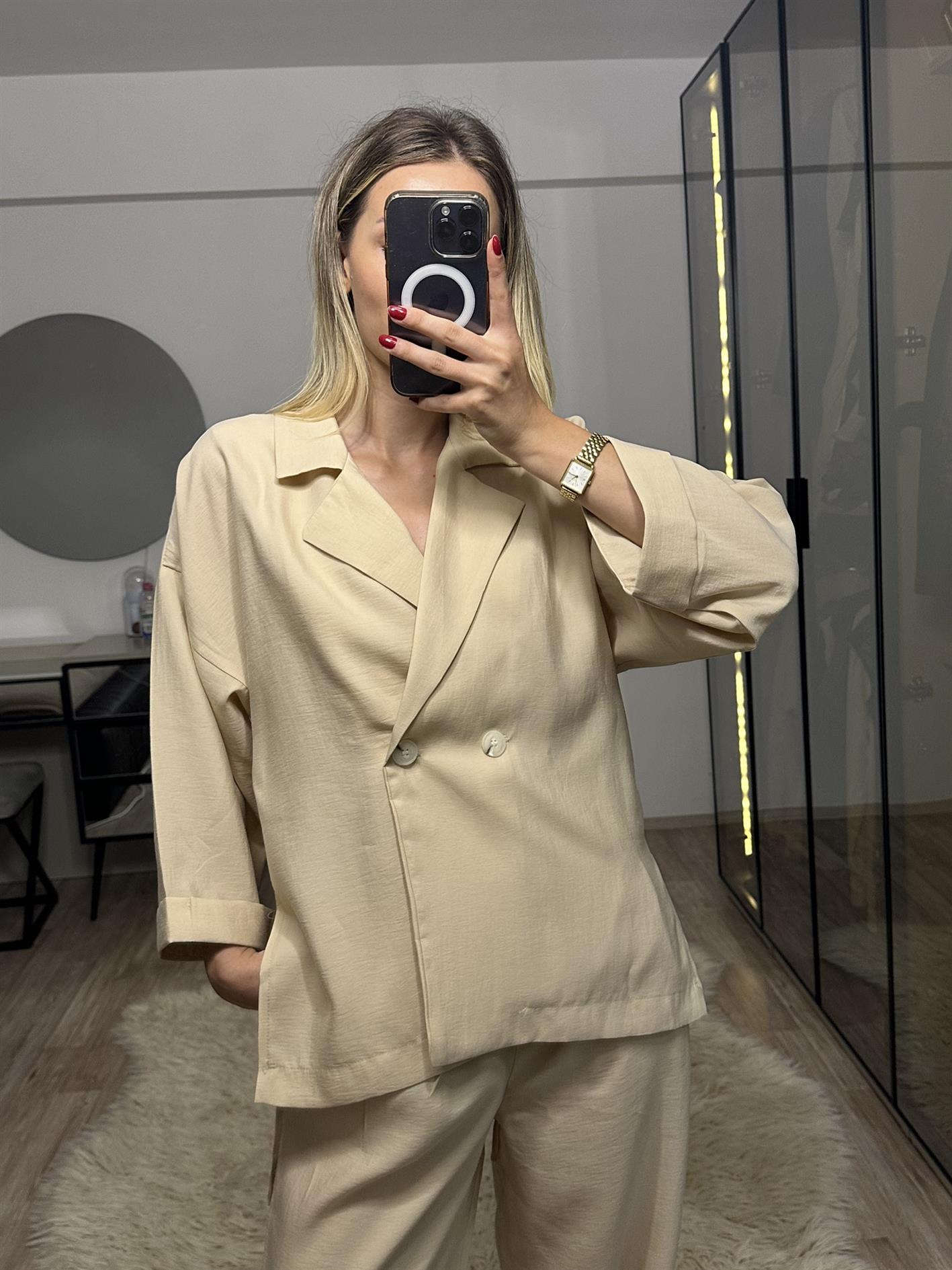 Lara Bej Keten Pantolon Blazer Takım