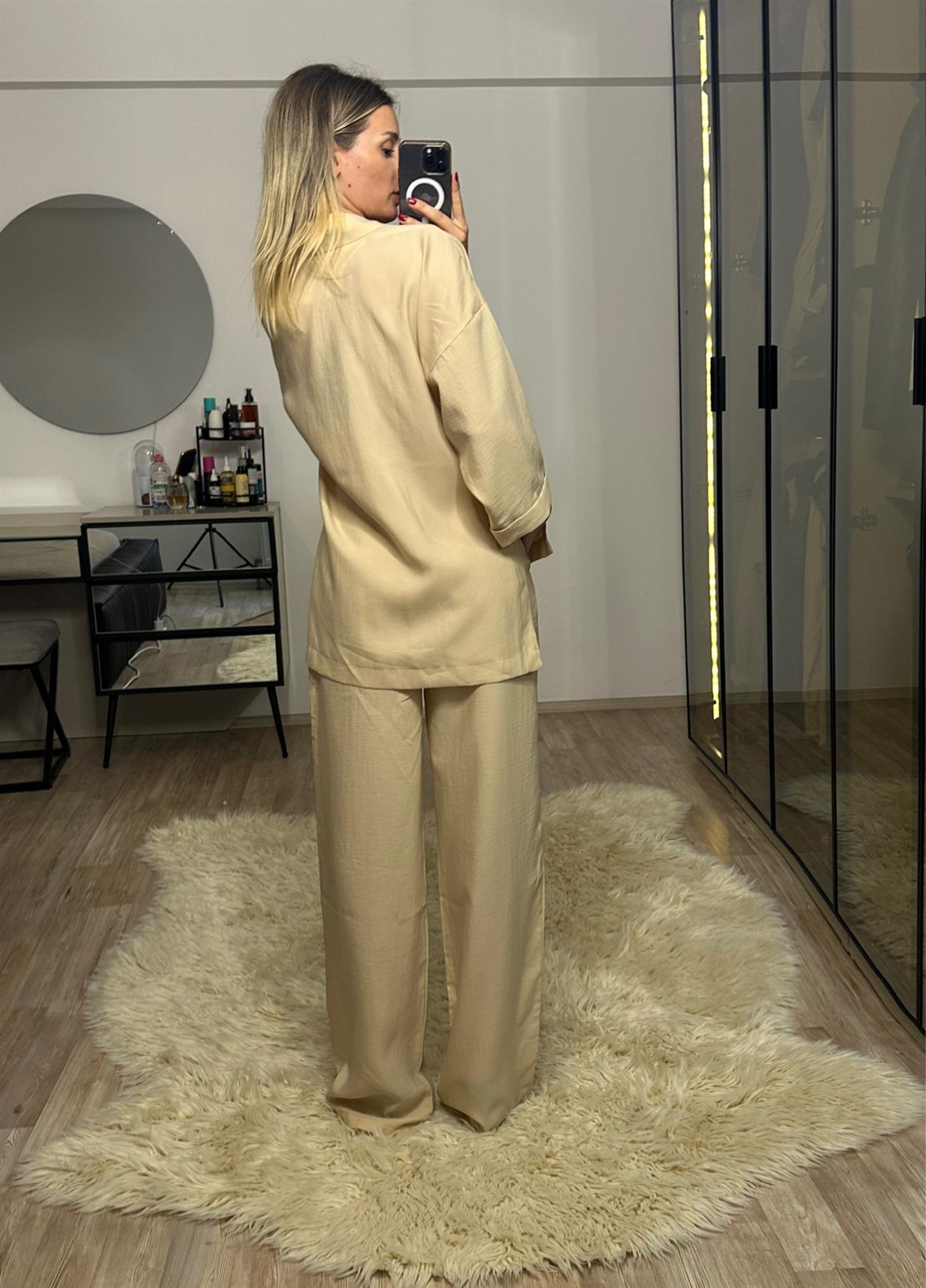 Lara Bej Keten Pantolon Blazer Takım