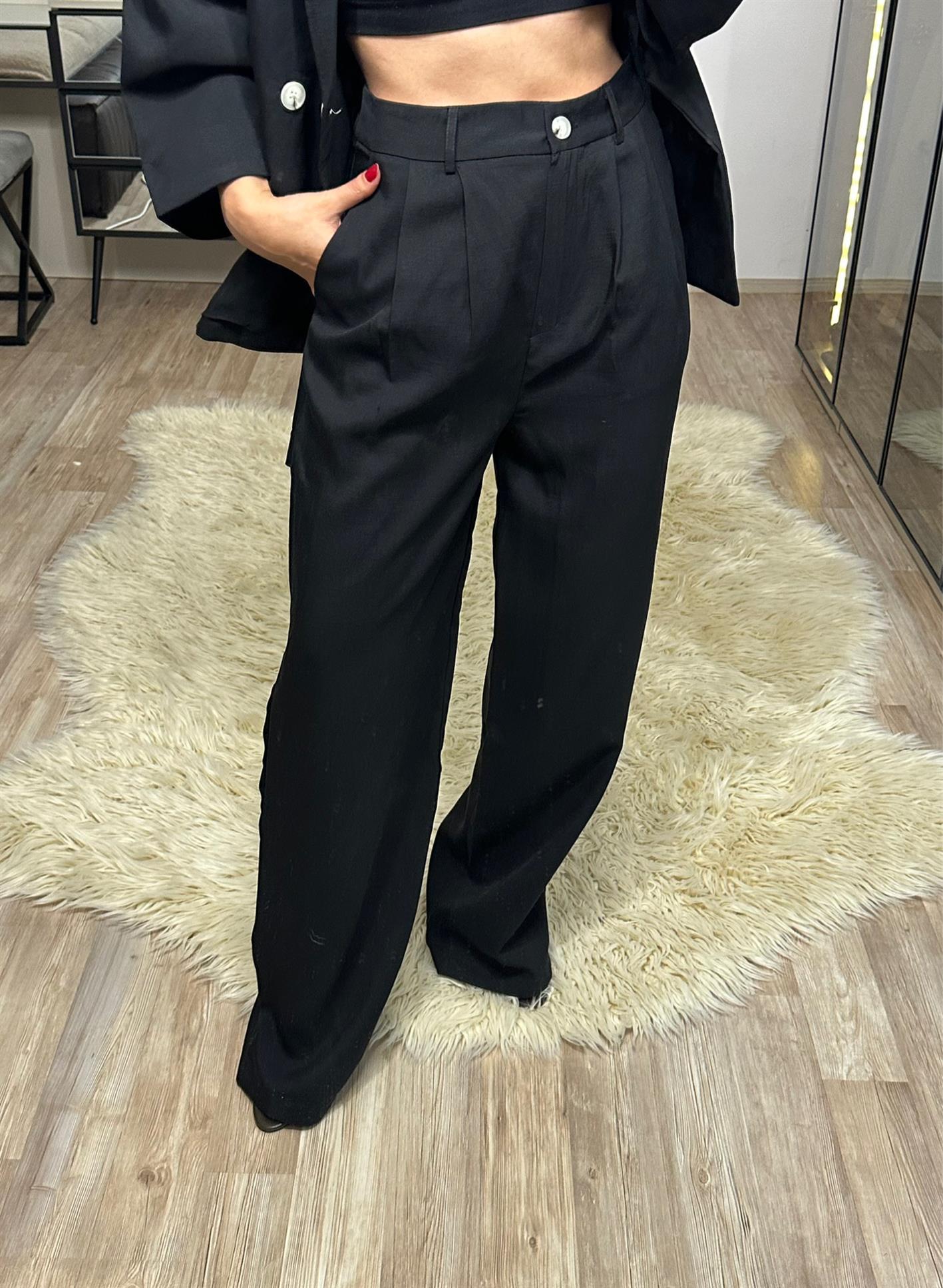 Lara Siyah Keten Pantolon Blazer Takım
