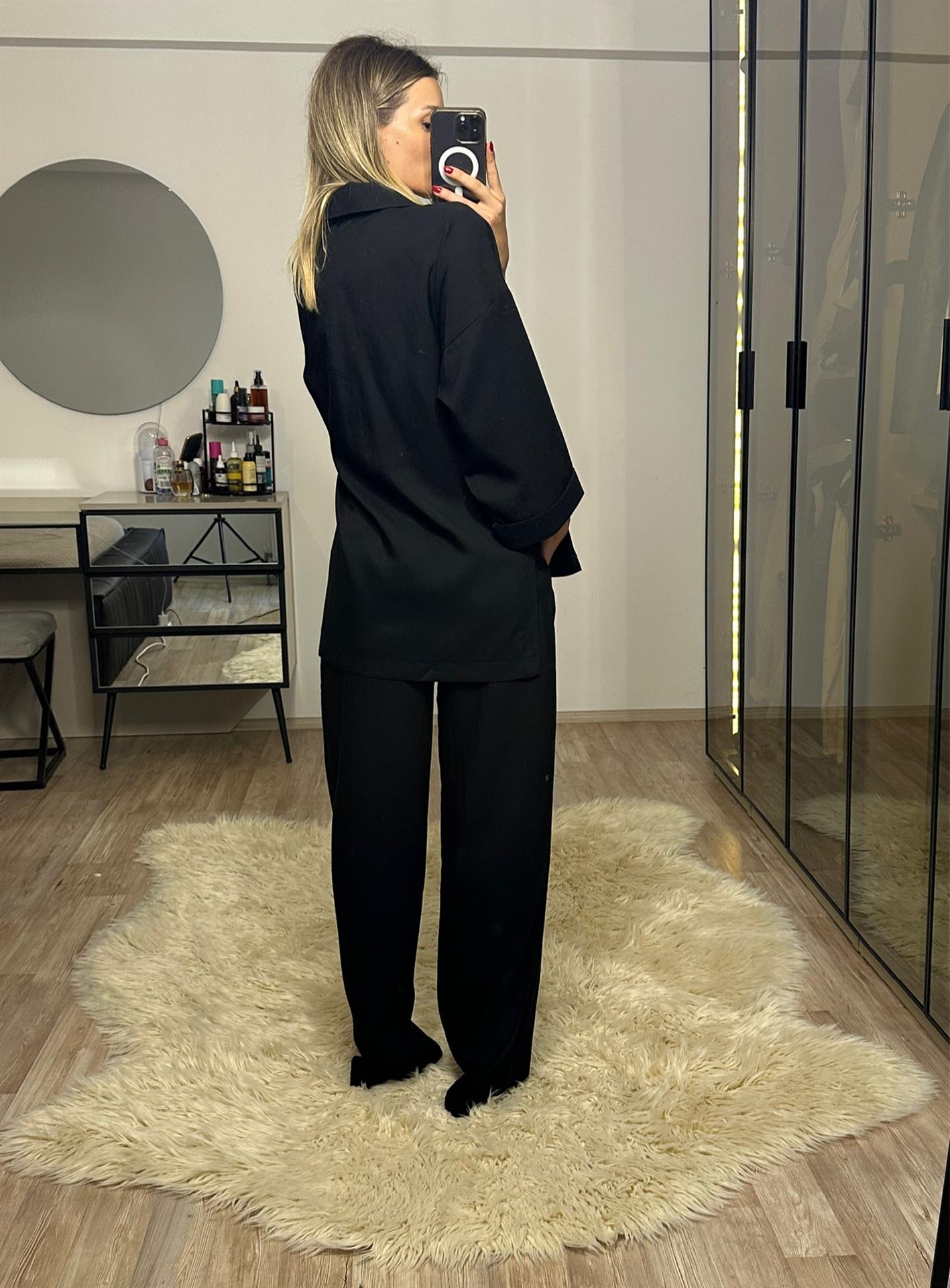 Lara Siyah Keten Pantolon Blazer Takım